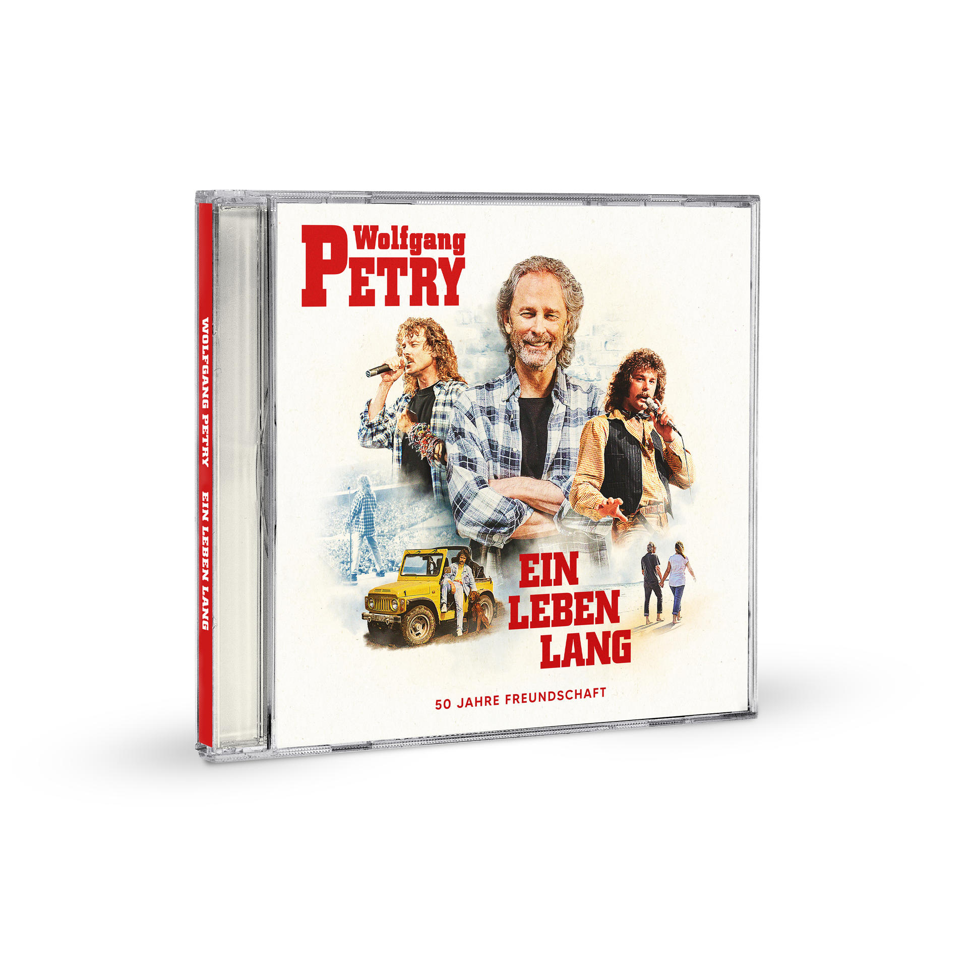Wolfgang Petry CD-Cover mit drei Darstellungen des Sängers, einem Jeep und zwei Personen.