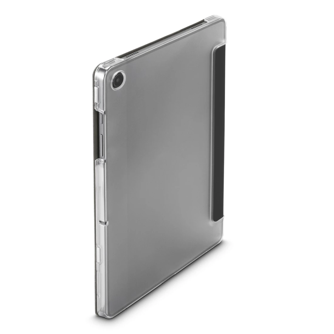 Graue Tablet-Hülle mit schwarzem Streifen an der Seite, Nahaufnahme.