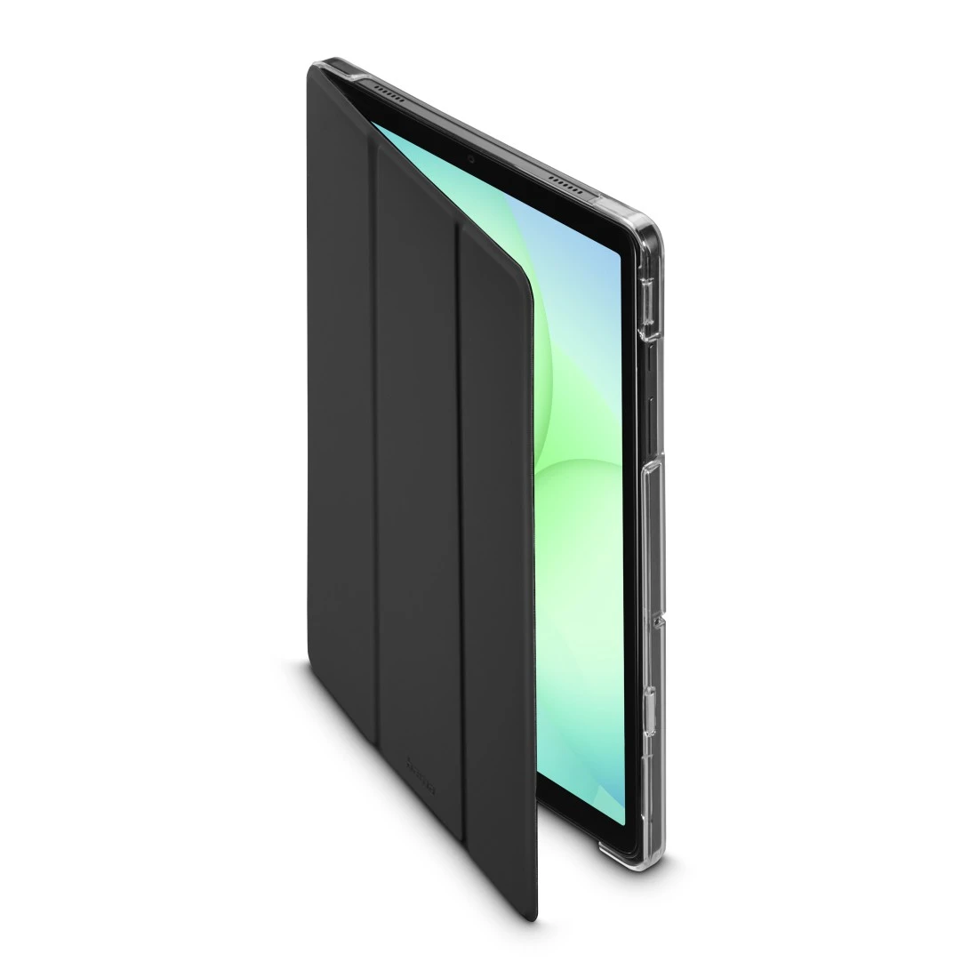 Ein schwarzer Tablet-Ständer mit transparentem Gehäuse, der auf einem weißen Hintergrund steht.