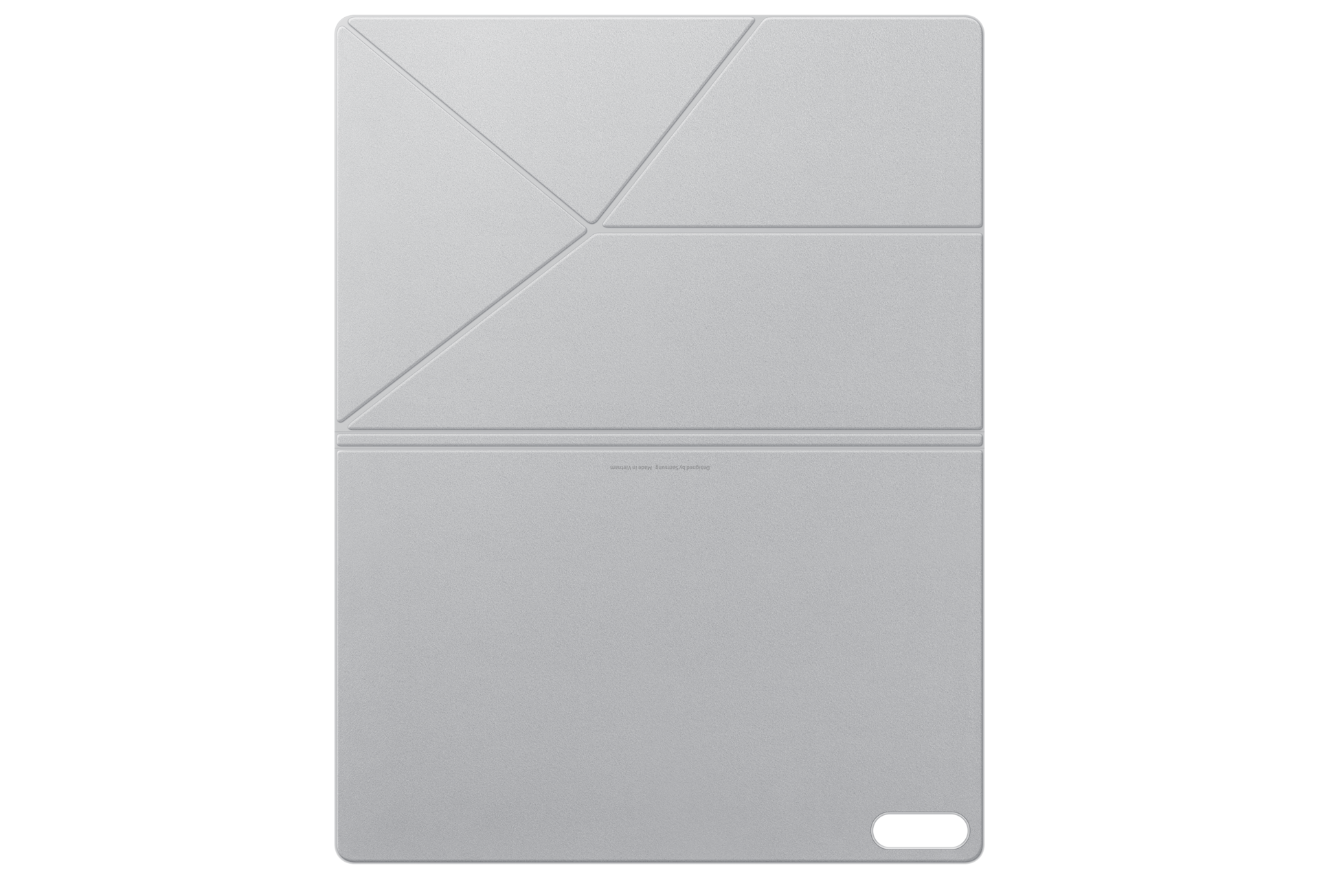Szara okładka na tablet z geometrycznym wzorem zagięć i wycięciem w prawym dolnym rogu.