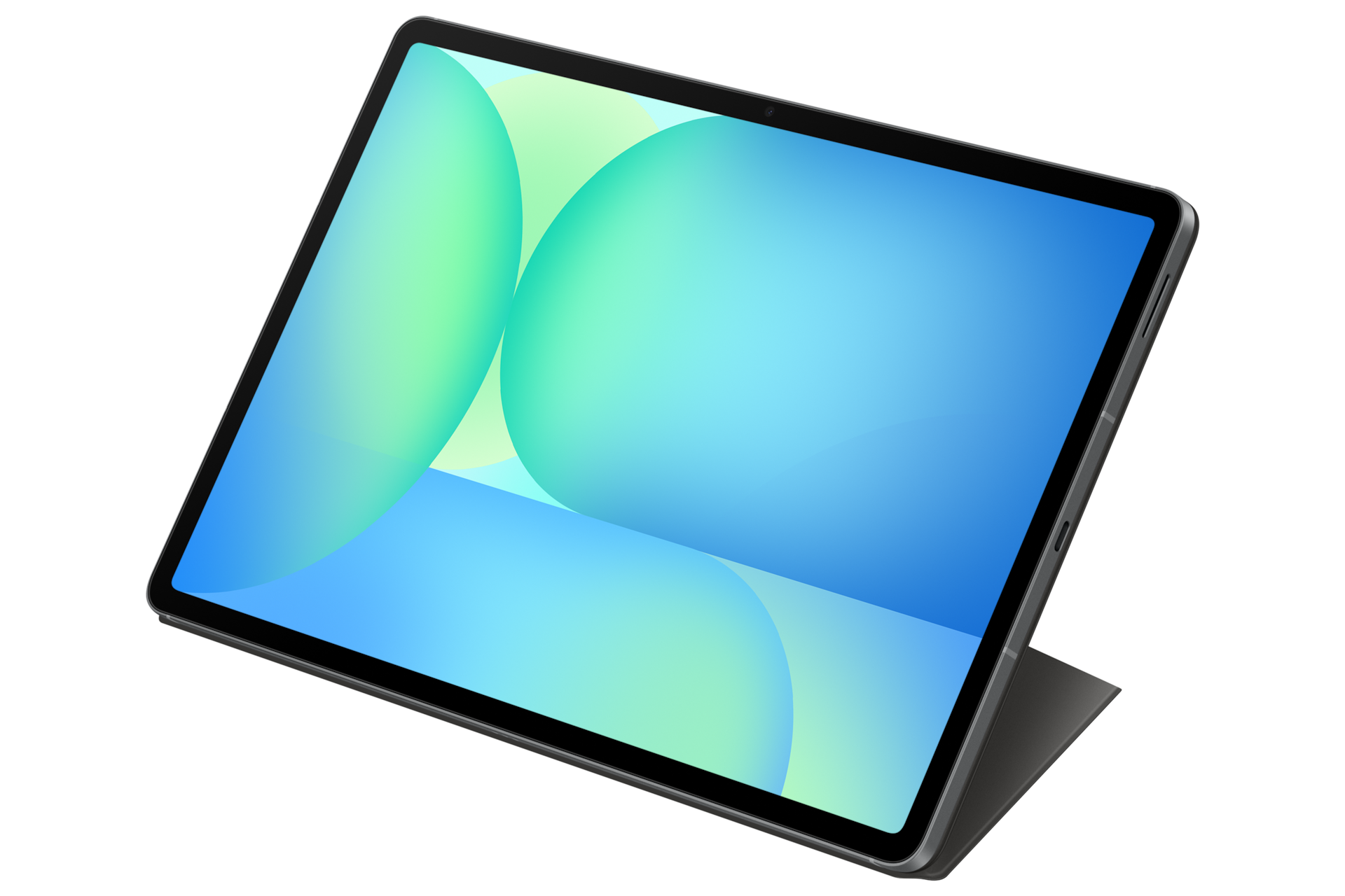 Ein Tablet mit blau-grünem Hintergrund auf einem schwarzen Hintergrund, mit einer Hülle.