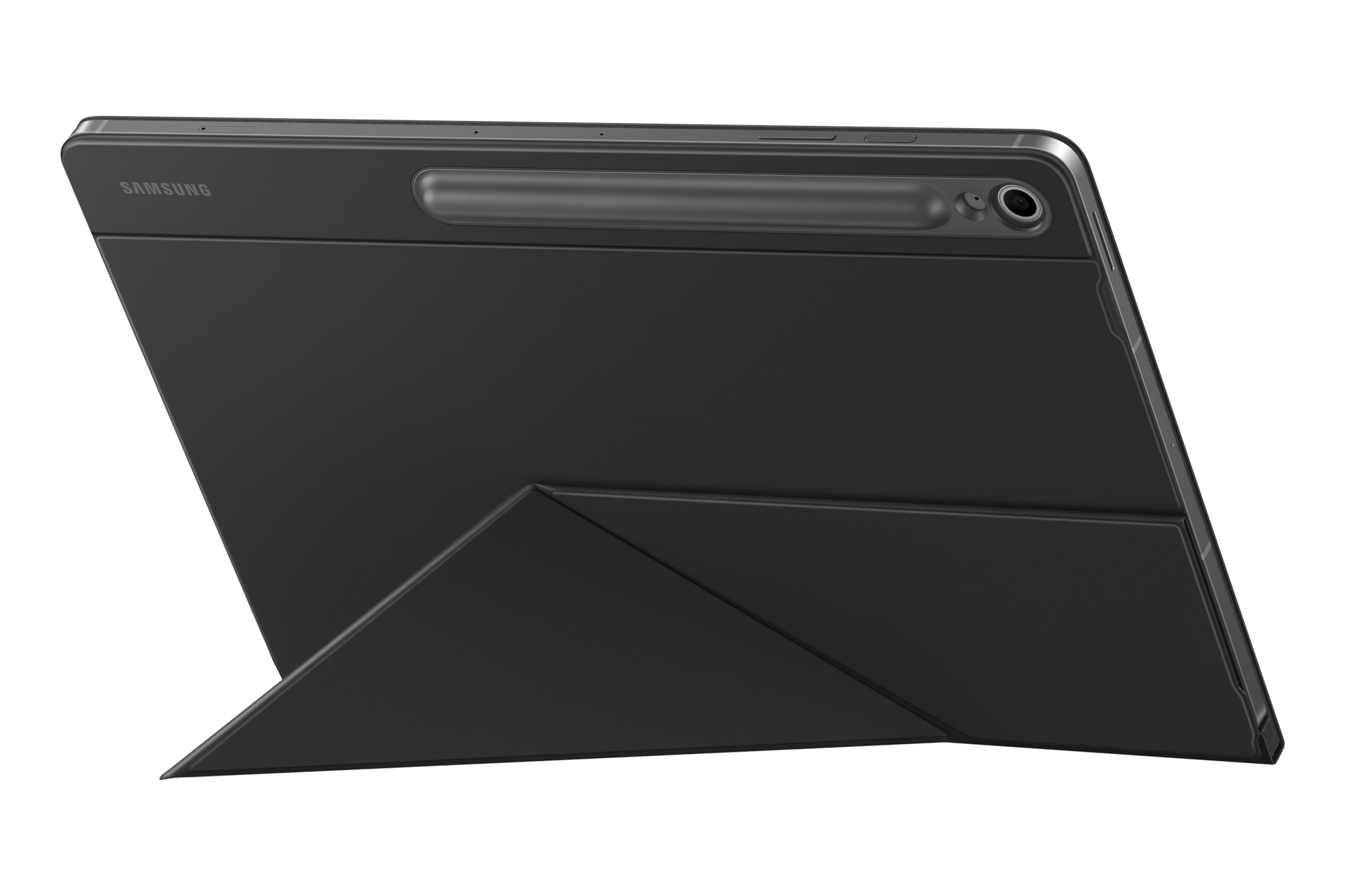 Dunkelgraues Tablet mit Stifthalter und Aufstellfunktion im geschlossenen Zustand.