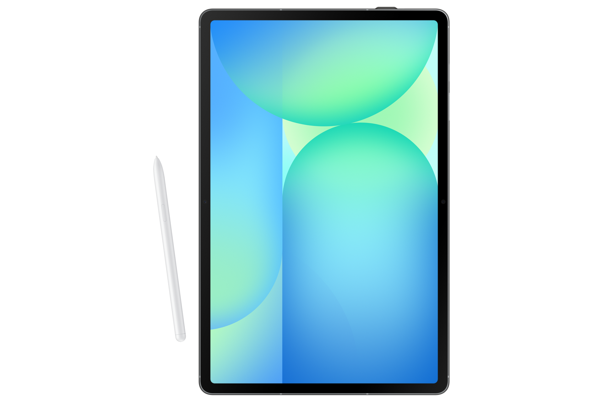 Ein weißer Stift liegt links neben einem Tablet mit blau-grünem Hintergrund.
