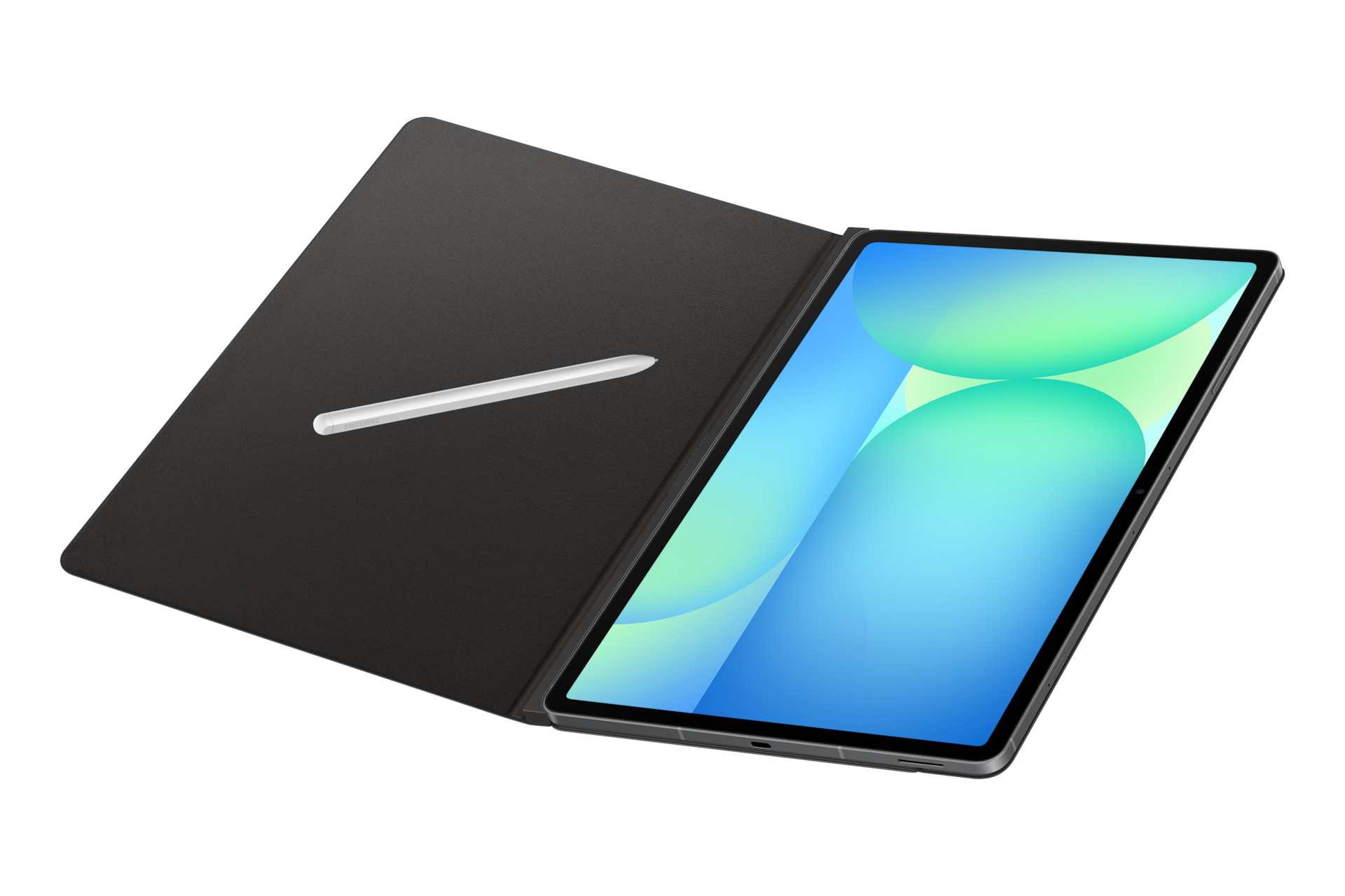 Ein Tablet in einer dunkelgrauen Folio-Hülle mit einem weißen Stift, das eine blaue und grüne abstrakte Tapete anzeigt.