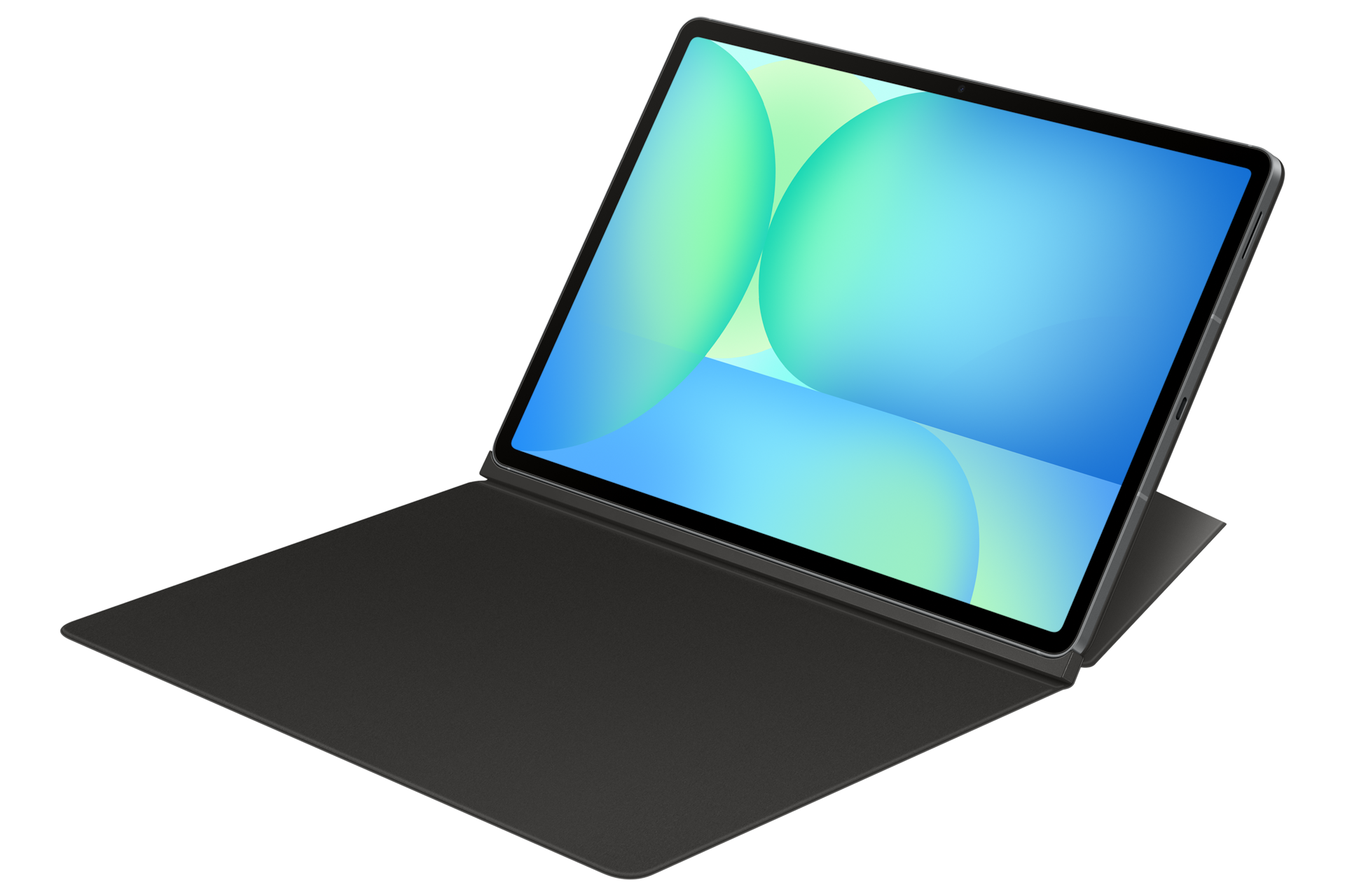 Ein dunkles Tablet mit aufgeschlagener Hülle und blau-grünem Hintergrundbild.