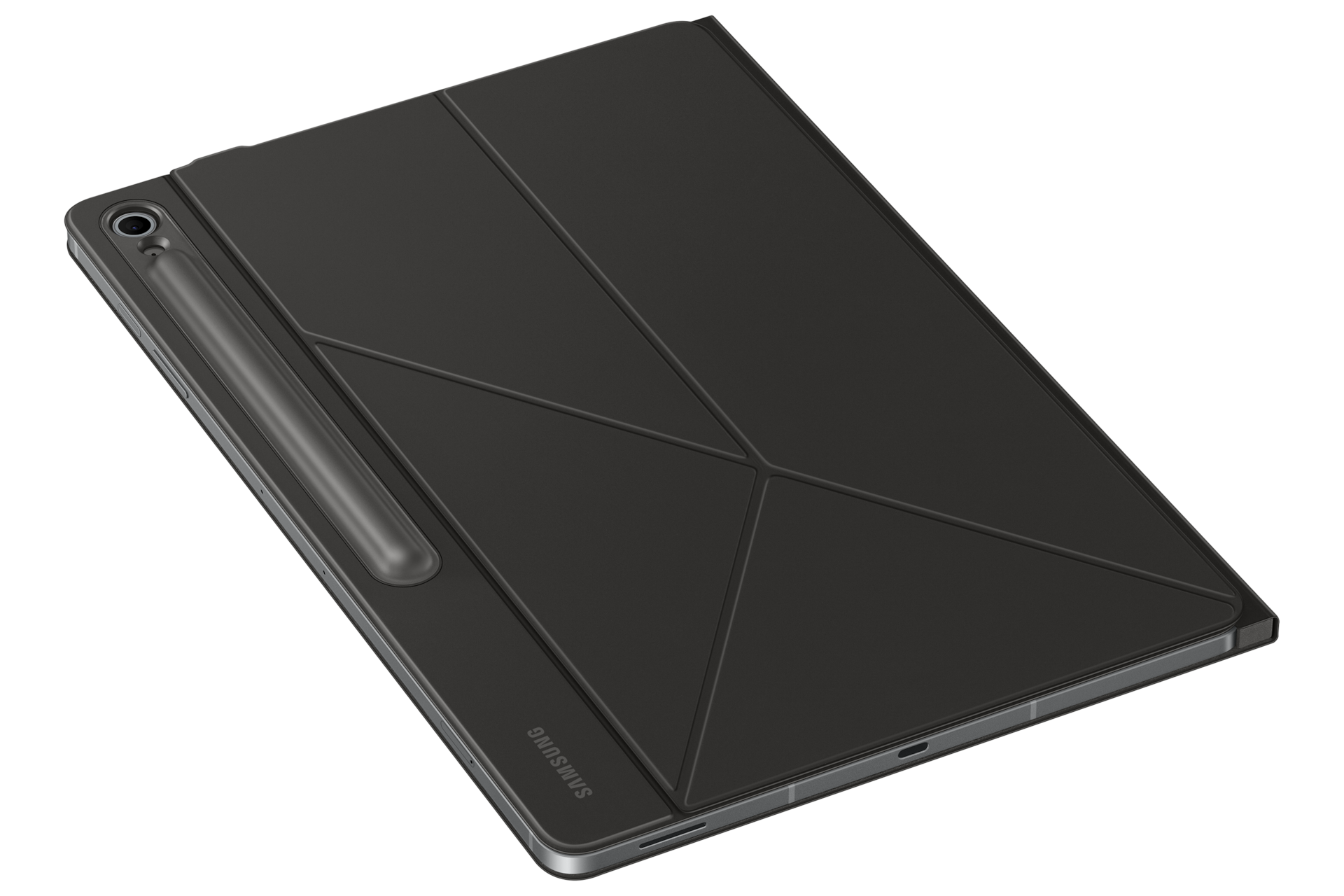 Schwarze Tablet-Hülle mit Stifthalter und Samsung-Logo.