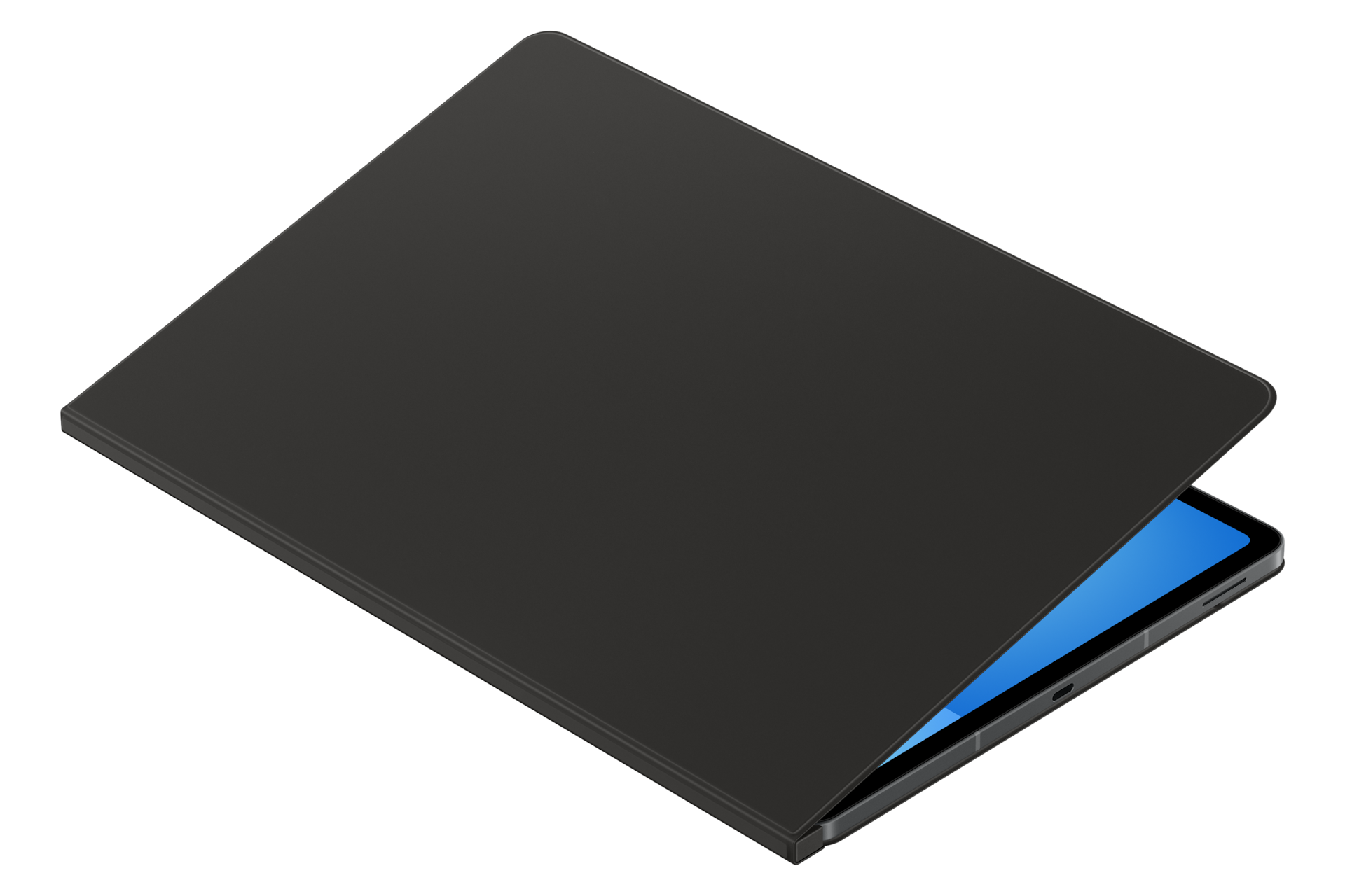 Ein schwarzes Tablet mit geöffneter Hülle und blauem Bildschirm auf schwarzem Hintergrund.