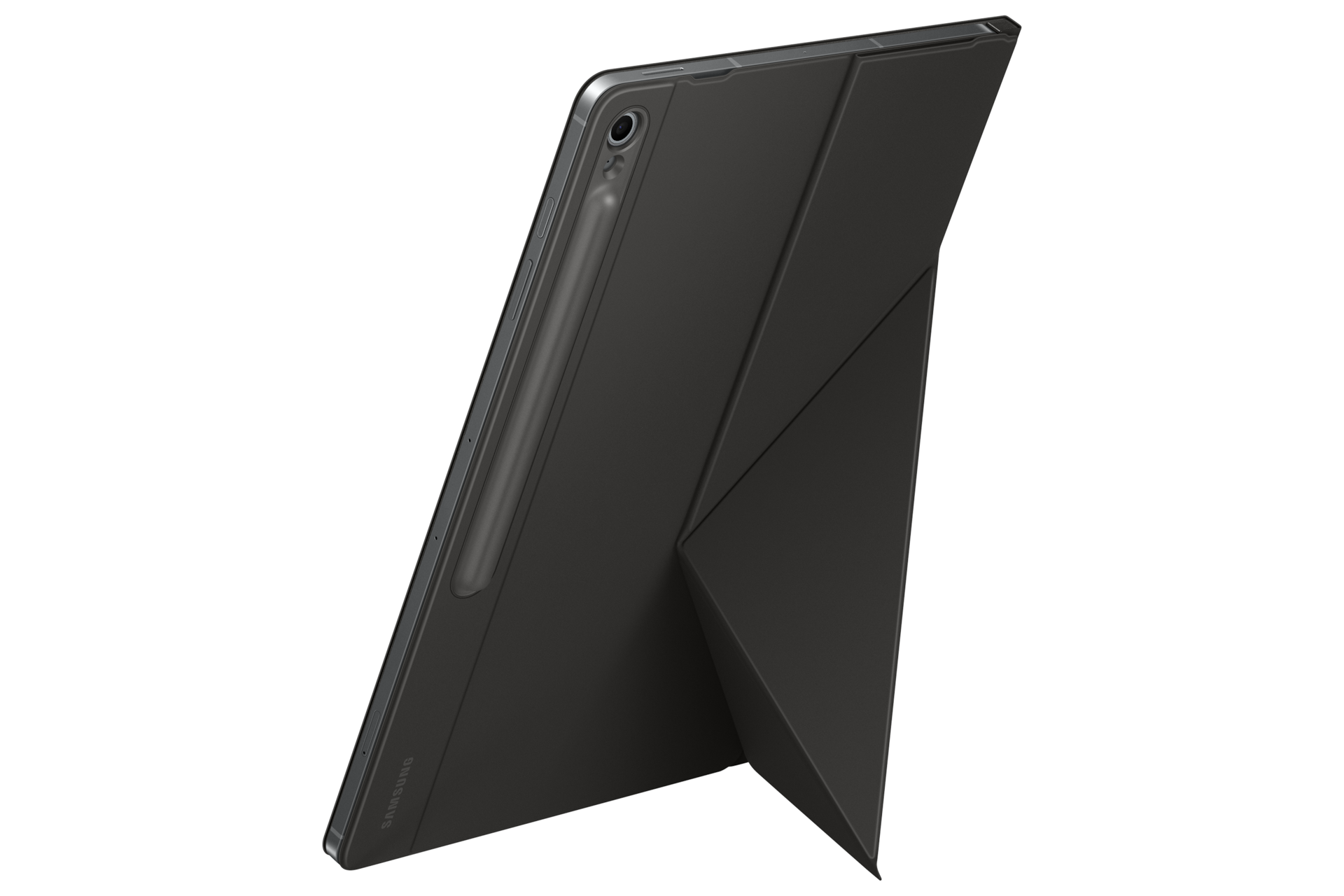 Ein dunkler Tablet-Ständer mit integriertem Stift, der auf schwarzem Hintergrund steht.