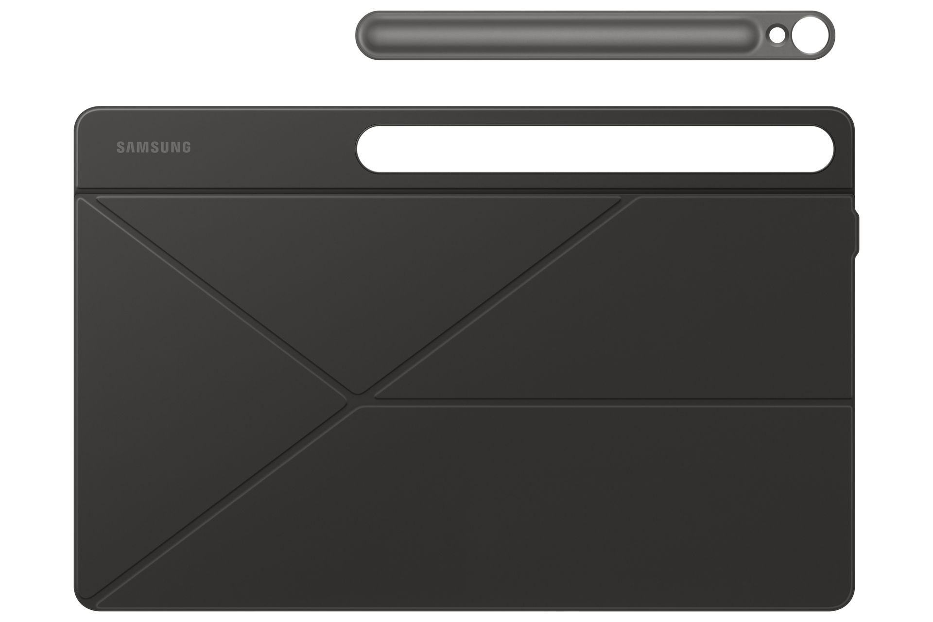 Dunkelgraues Samsung Tablet Cover mit Stift auf schwarzem Hintergrund.