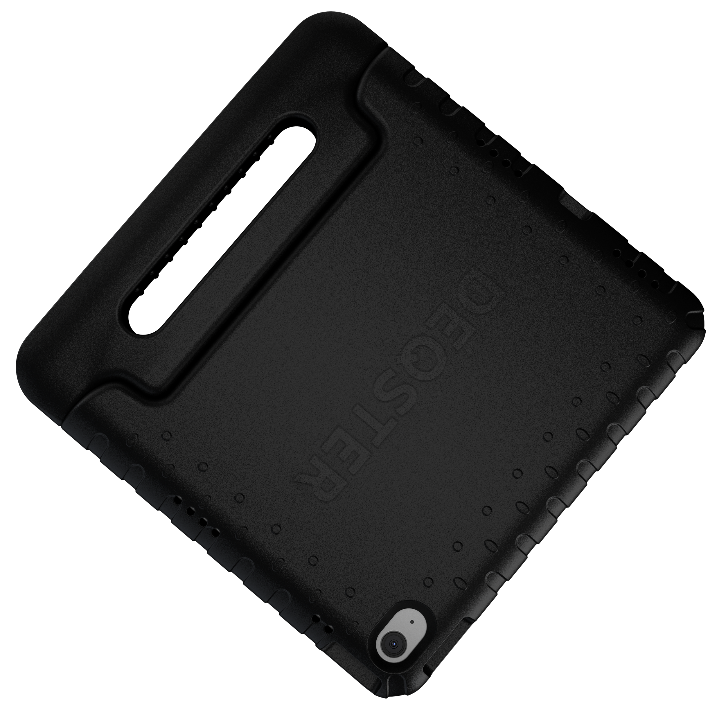 Schwarze Tablet-Hülle mit Griff und eingraviertem Logo auf schwarzem Hintergrund.