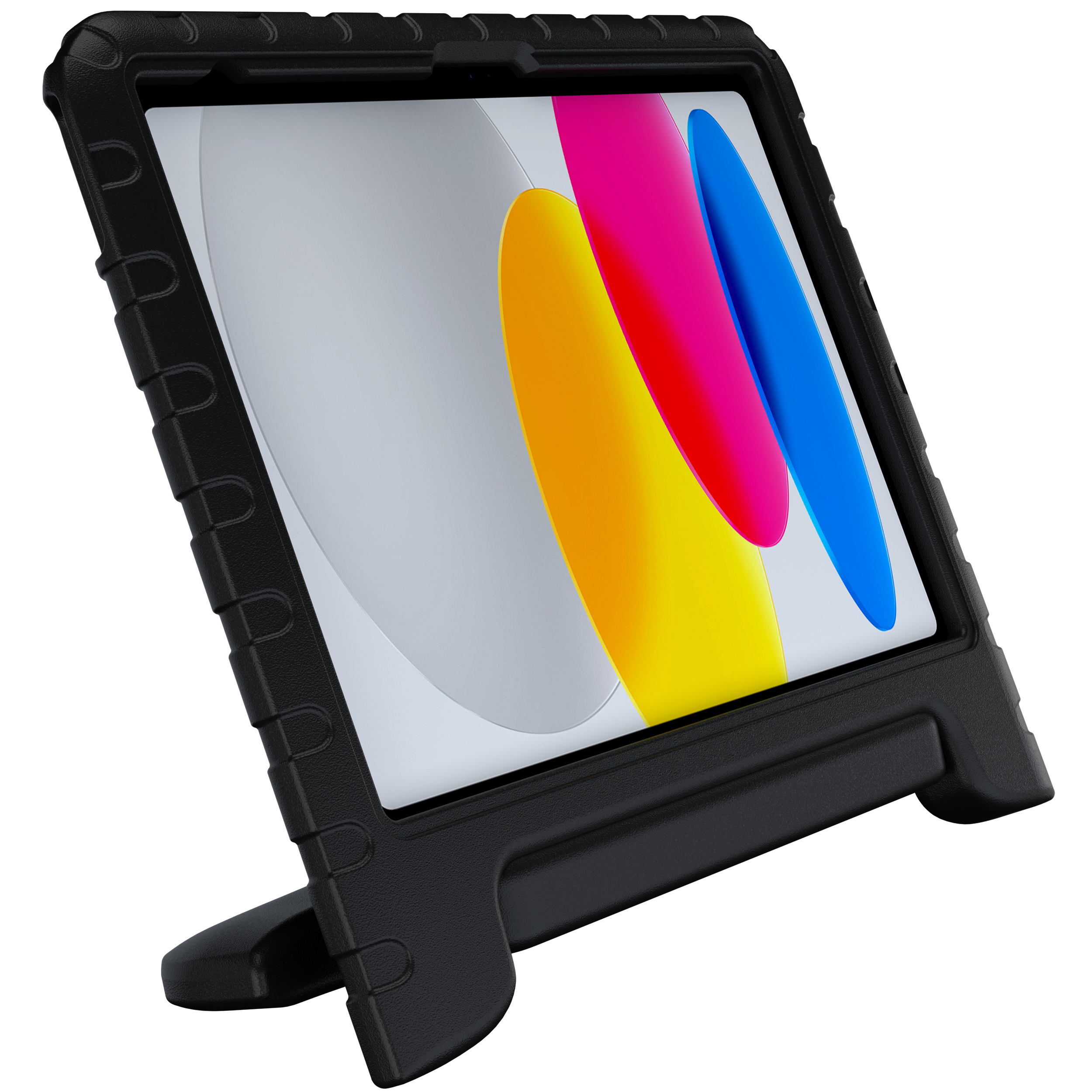 Schwarzes Tablet in Schutzhülle mit Ständer, zeigt bunte abstrakte Formen.