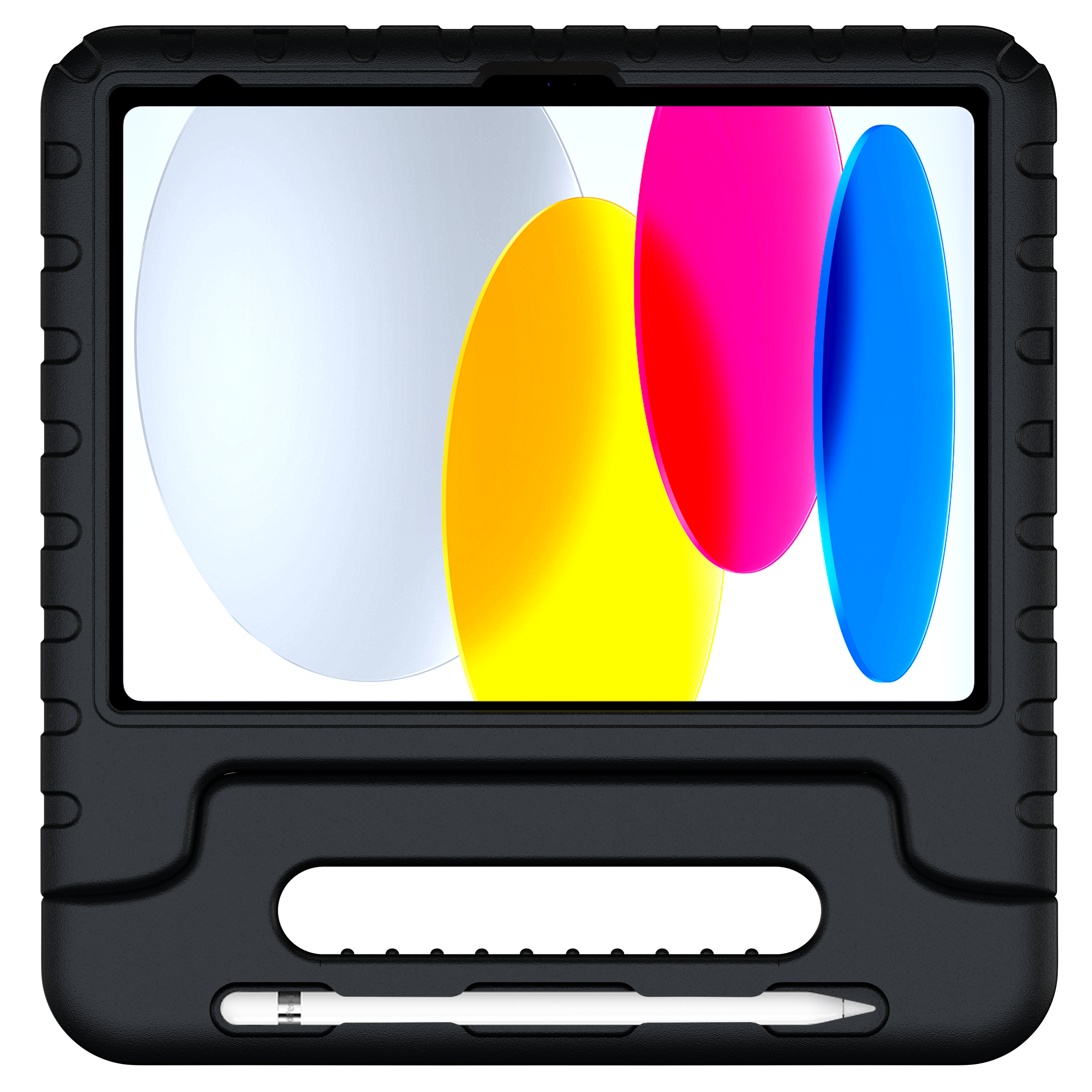 Schwarzes Tablet mit farbigem Hintergrund und Stifthalter.