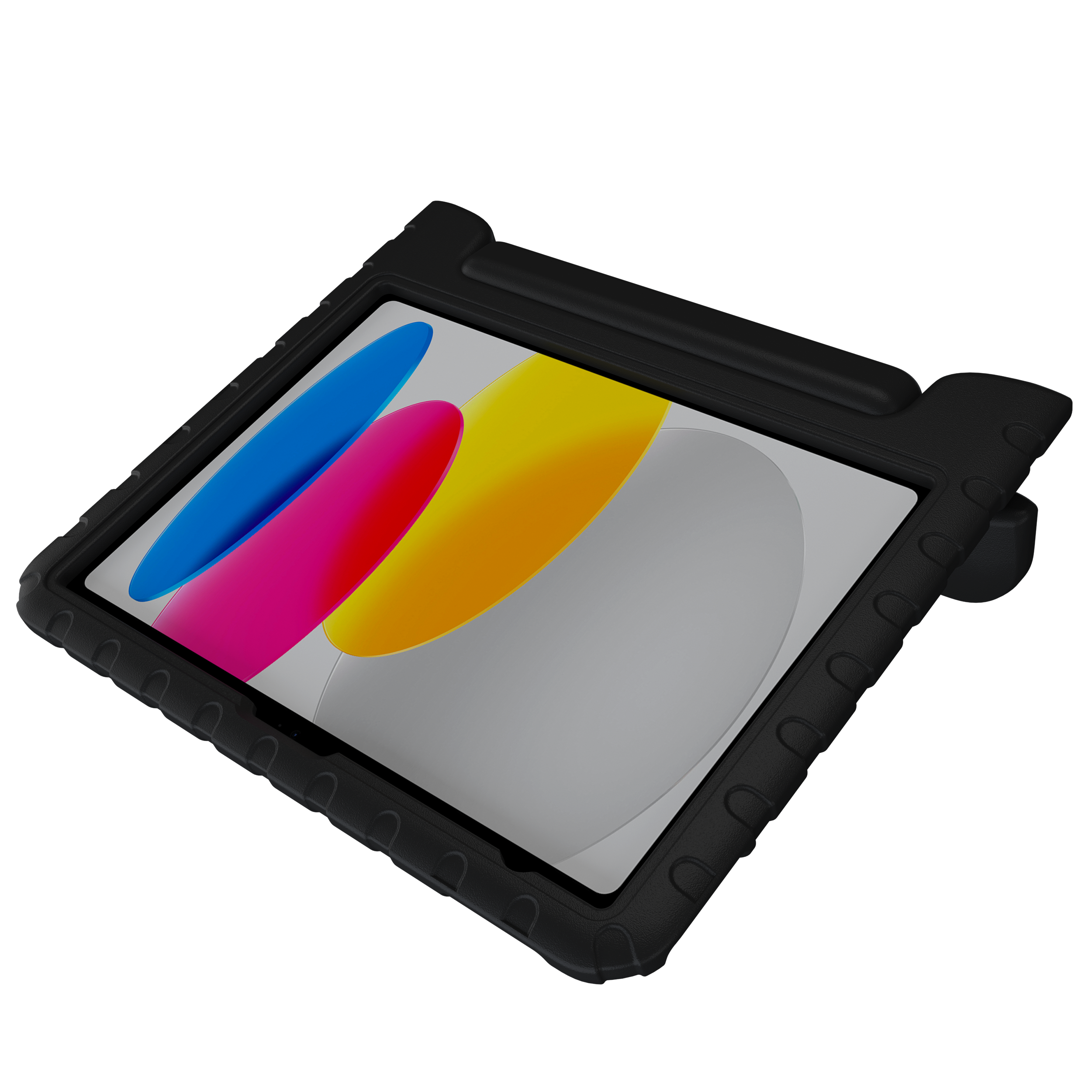 Schwarze Tablet-Hülle mit Griffen, die ein Tablet mit bunten Wellen auf dem Bildschirm schützt.
