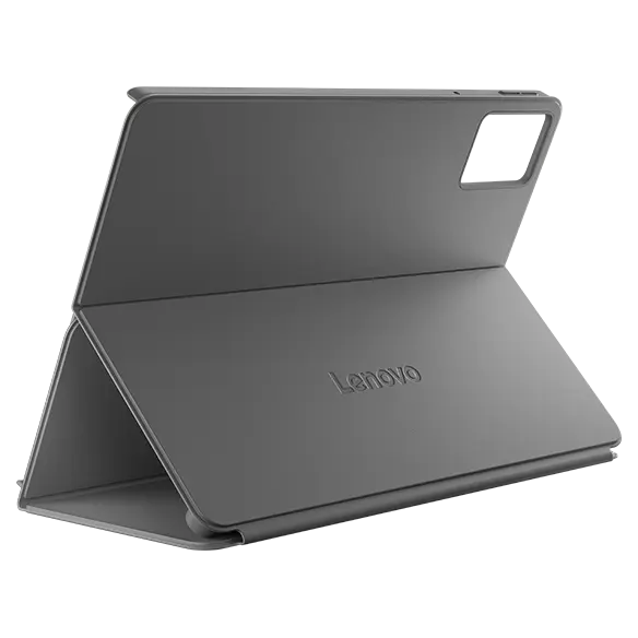 Szara okładka na tablet Lenovo pokazana jest w złożonej pozycji stojącej.