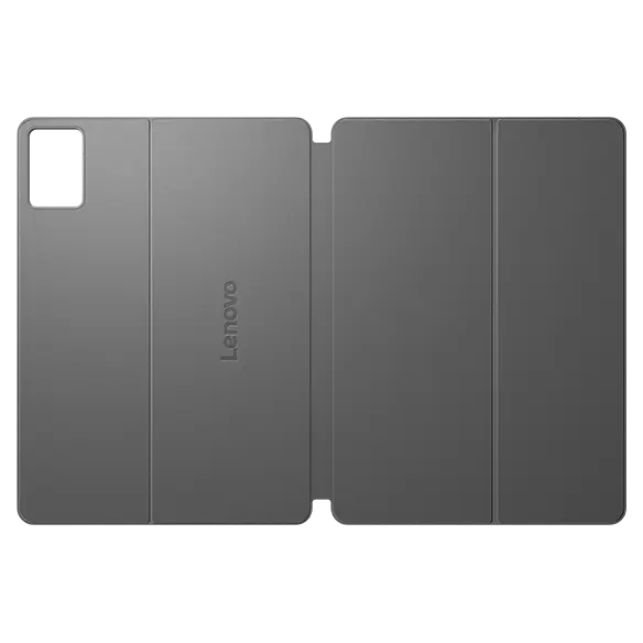 Szara osłona na tablet Lenovo z trzema zgięciami i wycięciem na aparat.