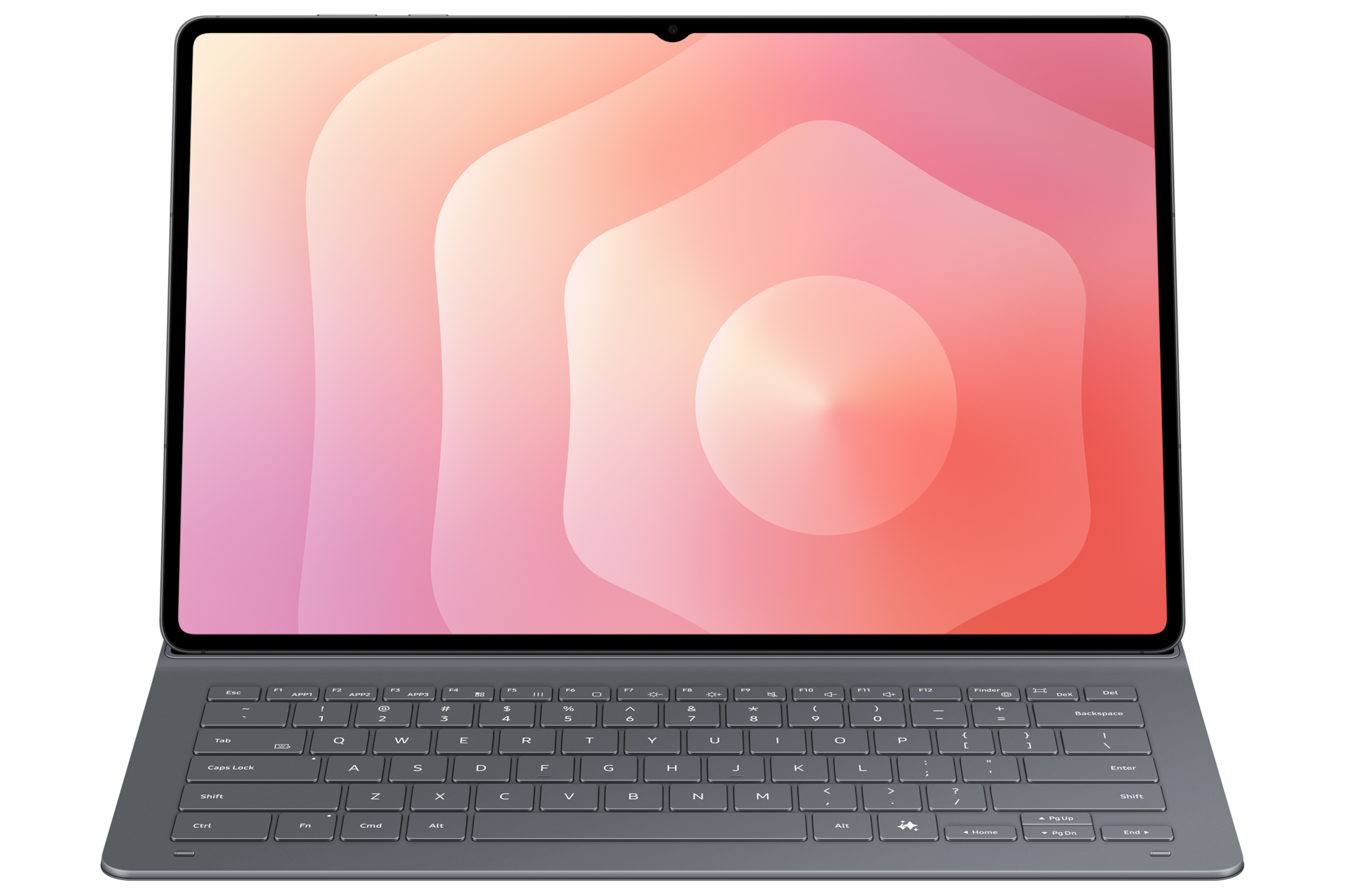 Otwarty tablet z ciemnoszarą klawiaturą i kolorowym abstrakcyjnym tłem.