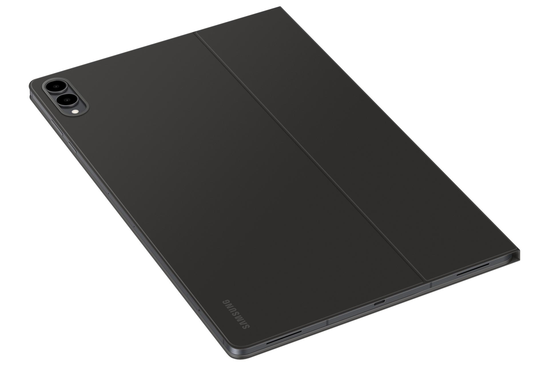 Ciemnoszare tablet z dwoma aparatami i etui, na czarnym tle.