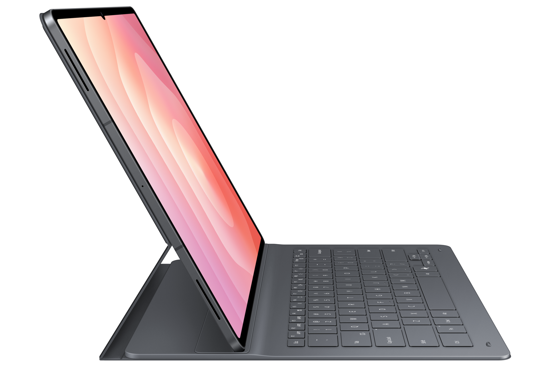 Szary tablet z podłączoną klawiaturą i kolorowym ekranem w orientacji poziomej.