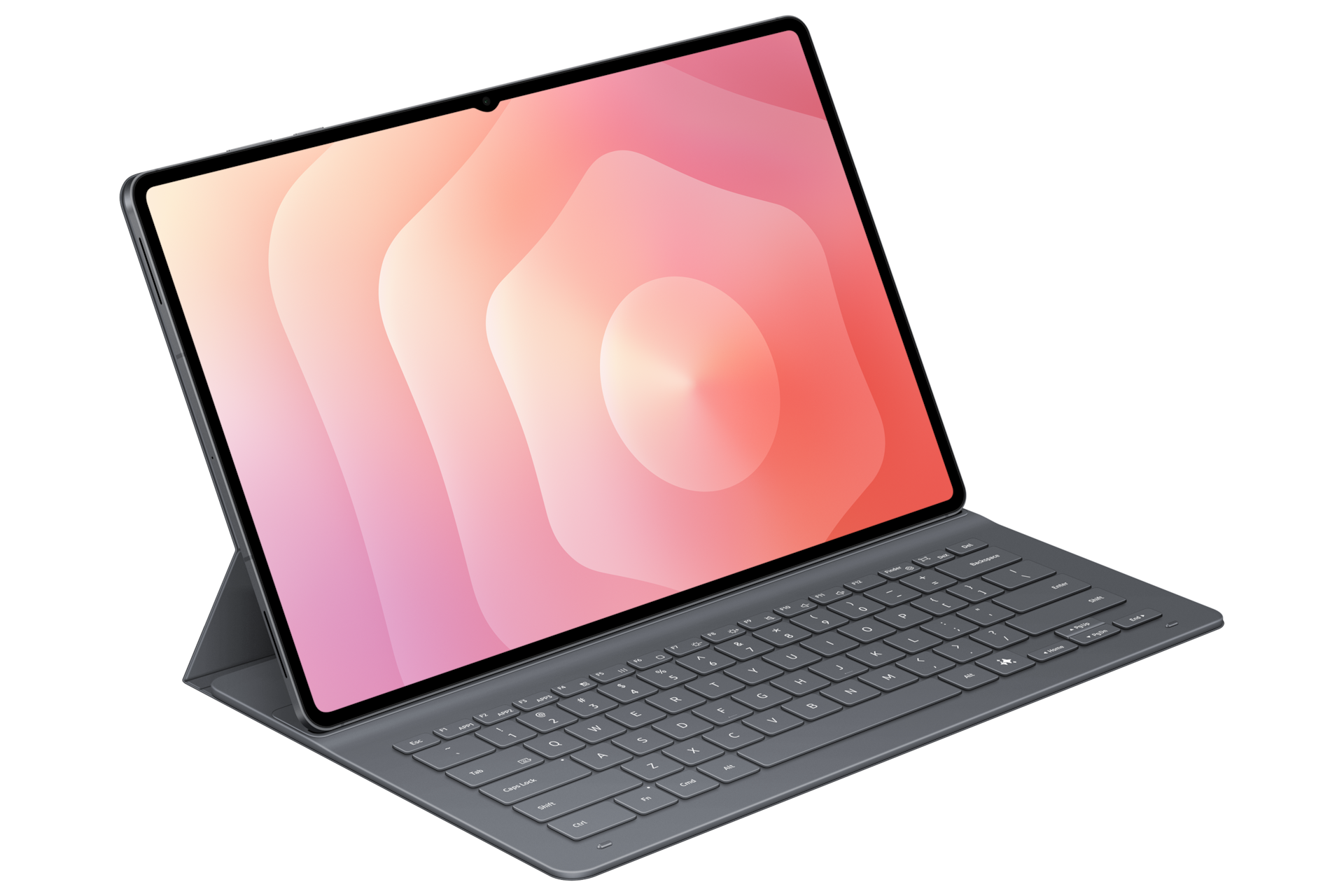 Szary tablet z podłączoną podstawką klawiatury na czarnym tle.