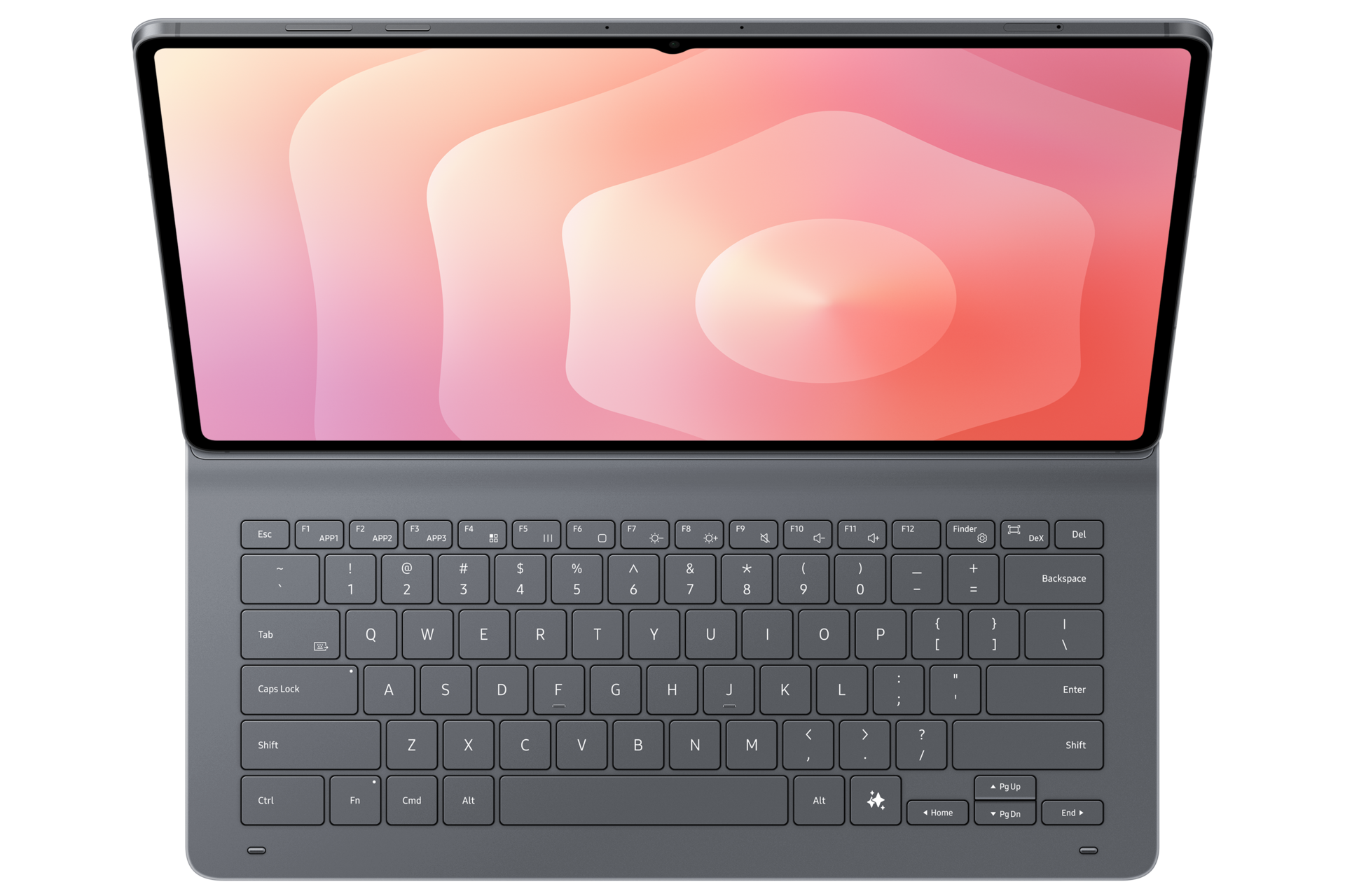 Otwarty tablet z klawiaturą, wyświetlający abstrakcyjne tło w kolorach różowym i pomarańczowym.