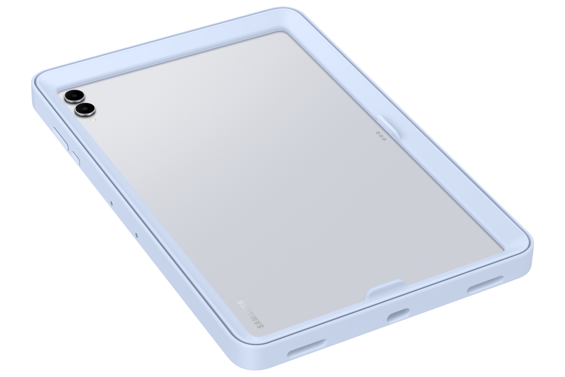 Jasnoniebieski tablet z dwoma aparatami z tyłu.
