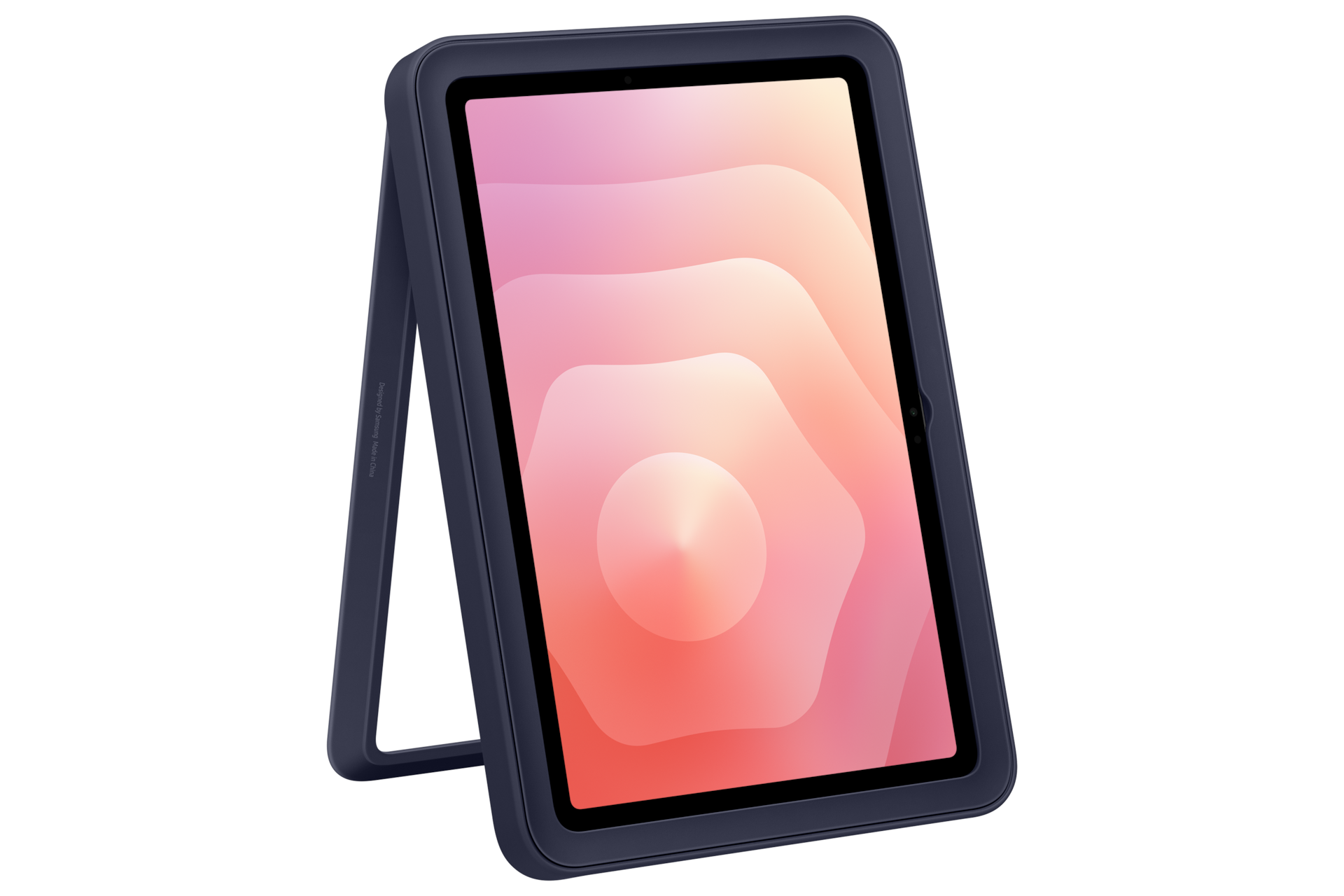 Ciemny tablet z kolorowym tłem stoi na podstawce.