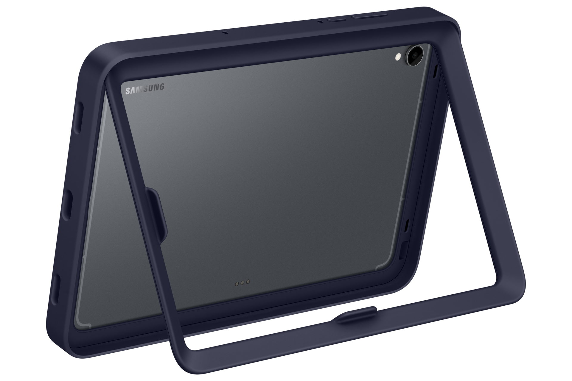 Ciemnoniebieski tablet Samsung w etui ochronnym, widok od przodu z prawej.