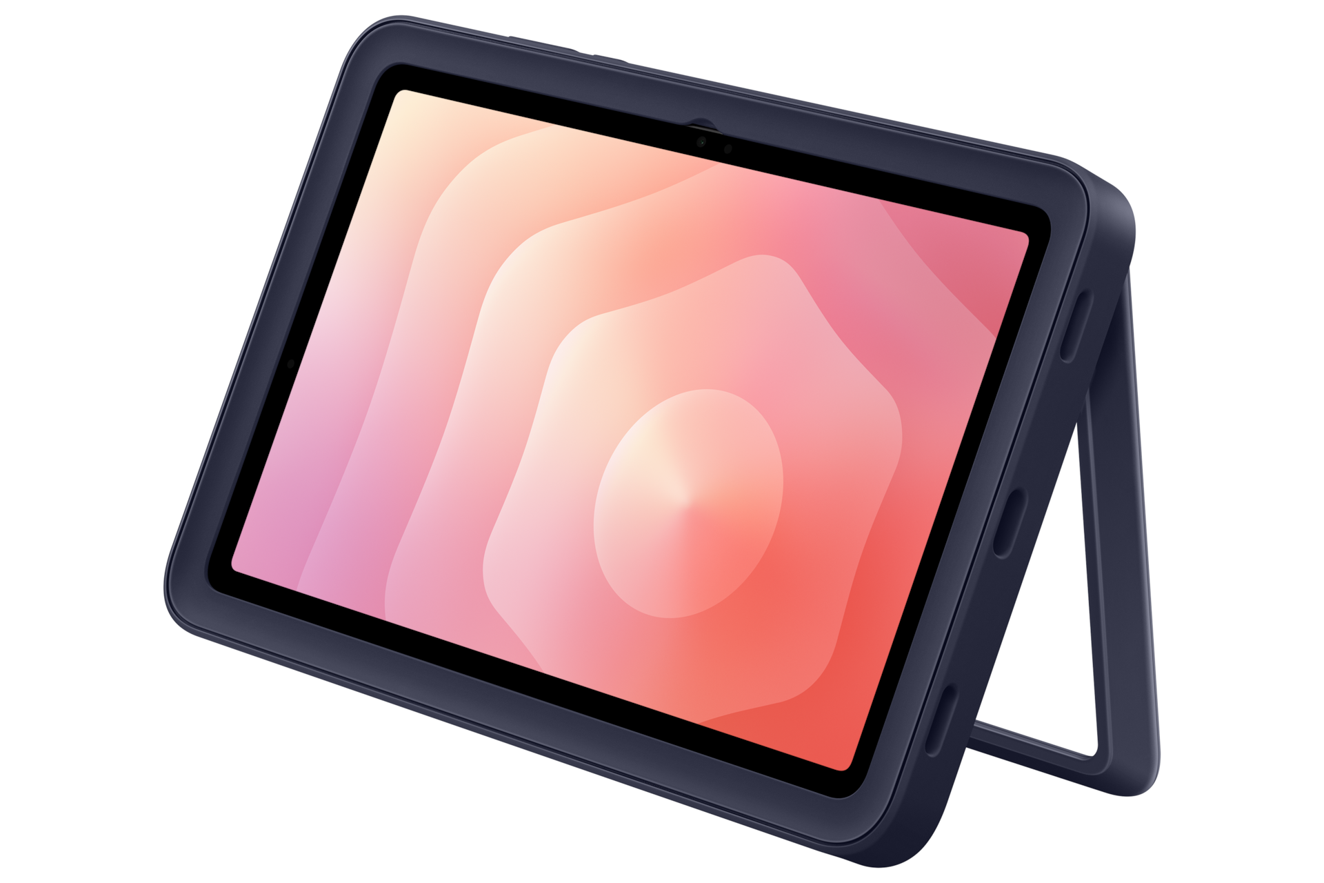 Ciemny tablet ze stojakiem i kolorowym tłem.