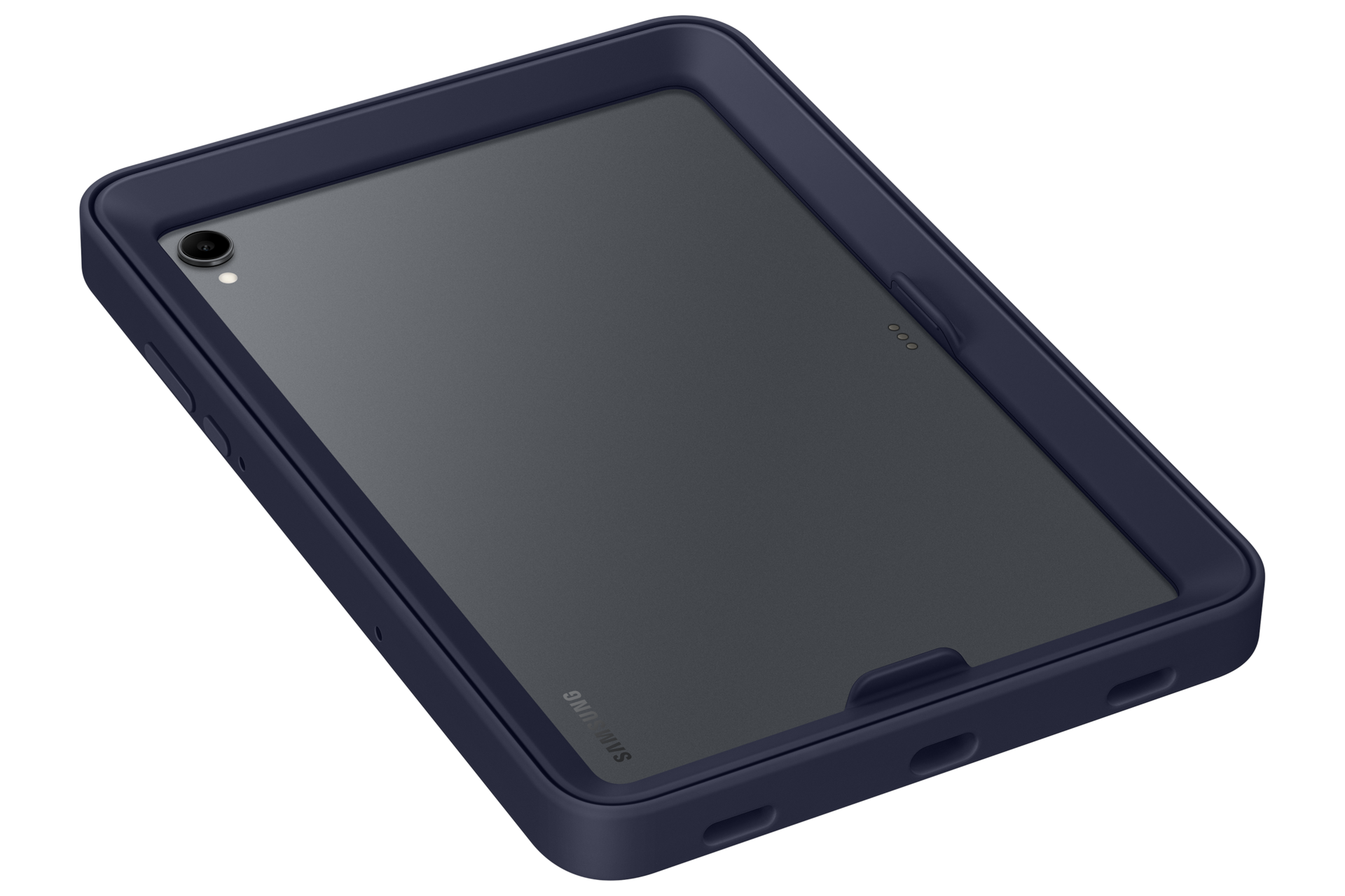 Ciemnoniebieski tablet w etui, z aparatem i portami ładowania.