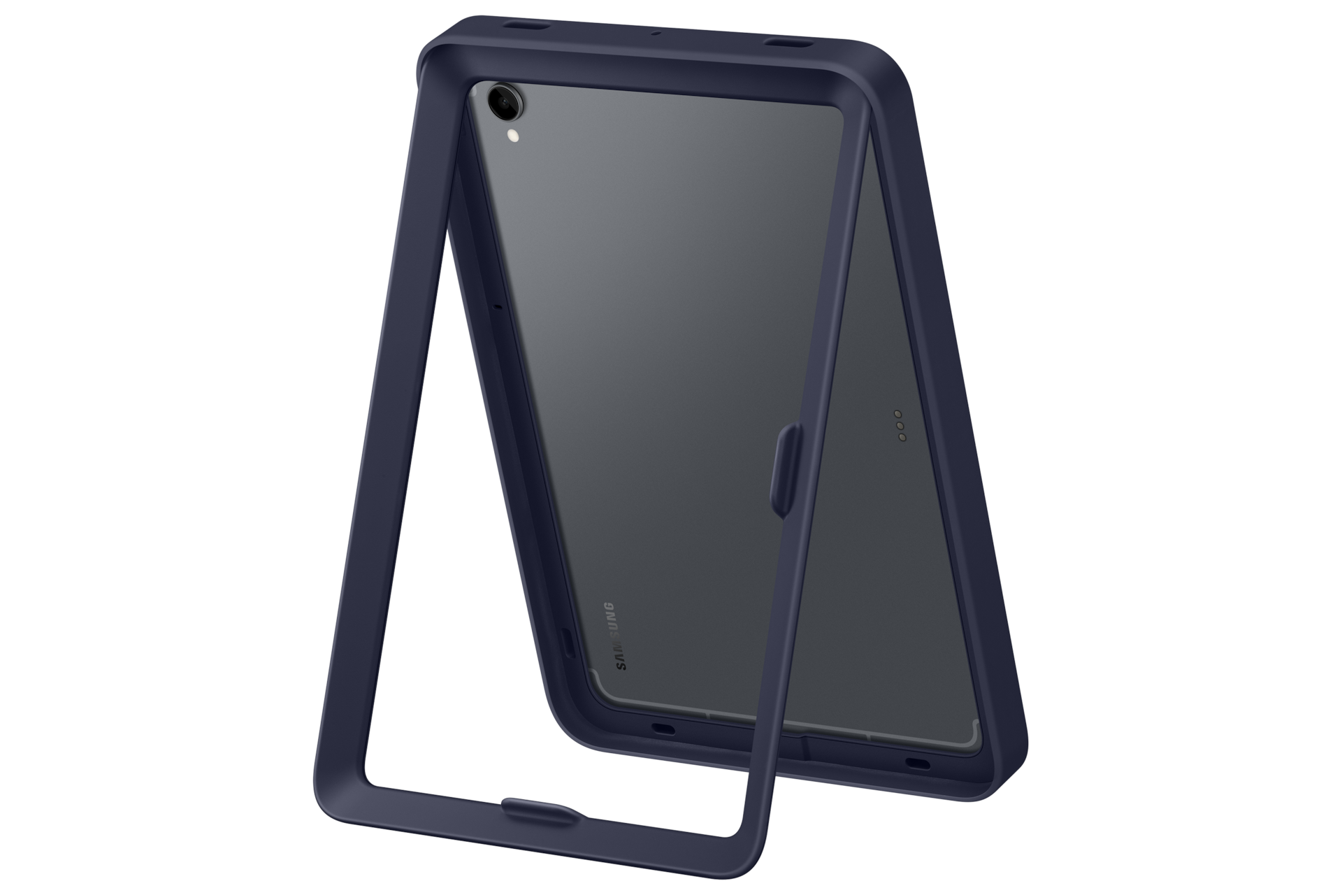 Ciemnoniebieskie etui na tablet, stojące pionowo. Jedna strona jest otwarta.