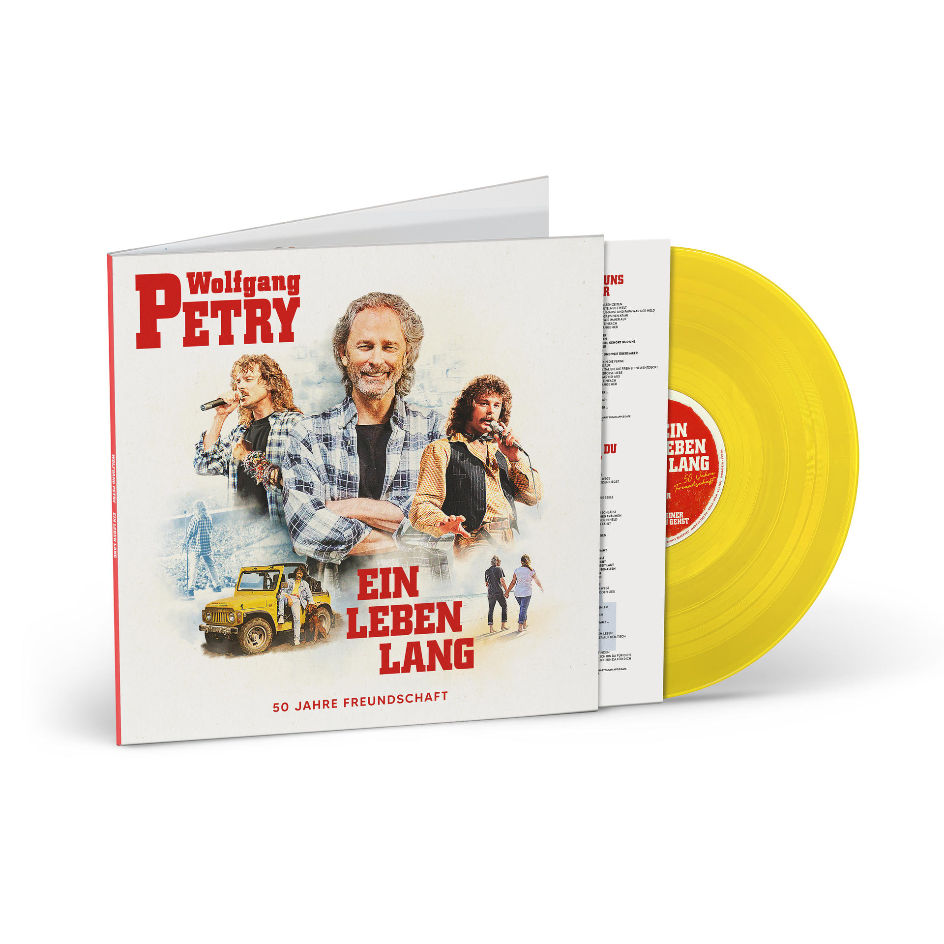 Cover von Wolfgang Petrys Album 'Ein Leben Lang', mit gelber Schallplatte.