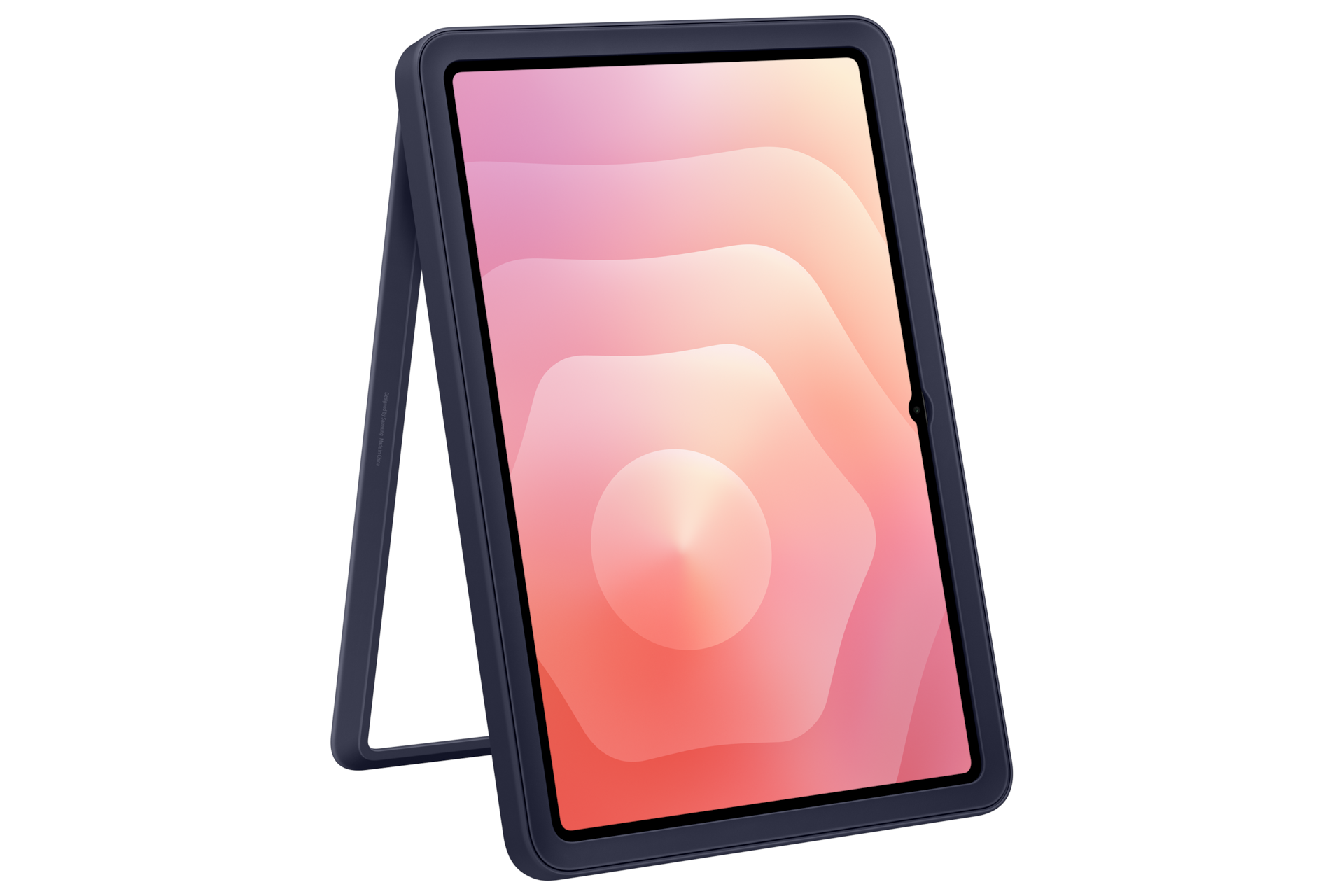 Ciemny tablet z abstrakcyjnym gradientowym tłem stoi na podstawce.