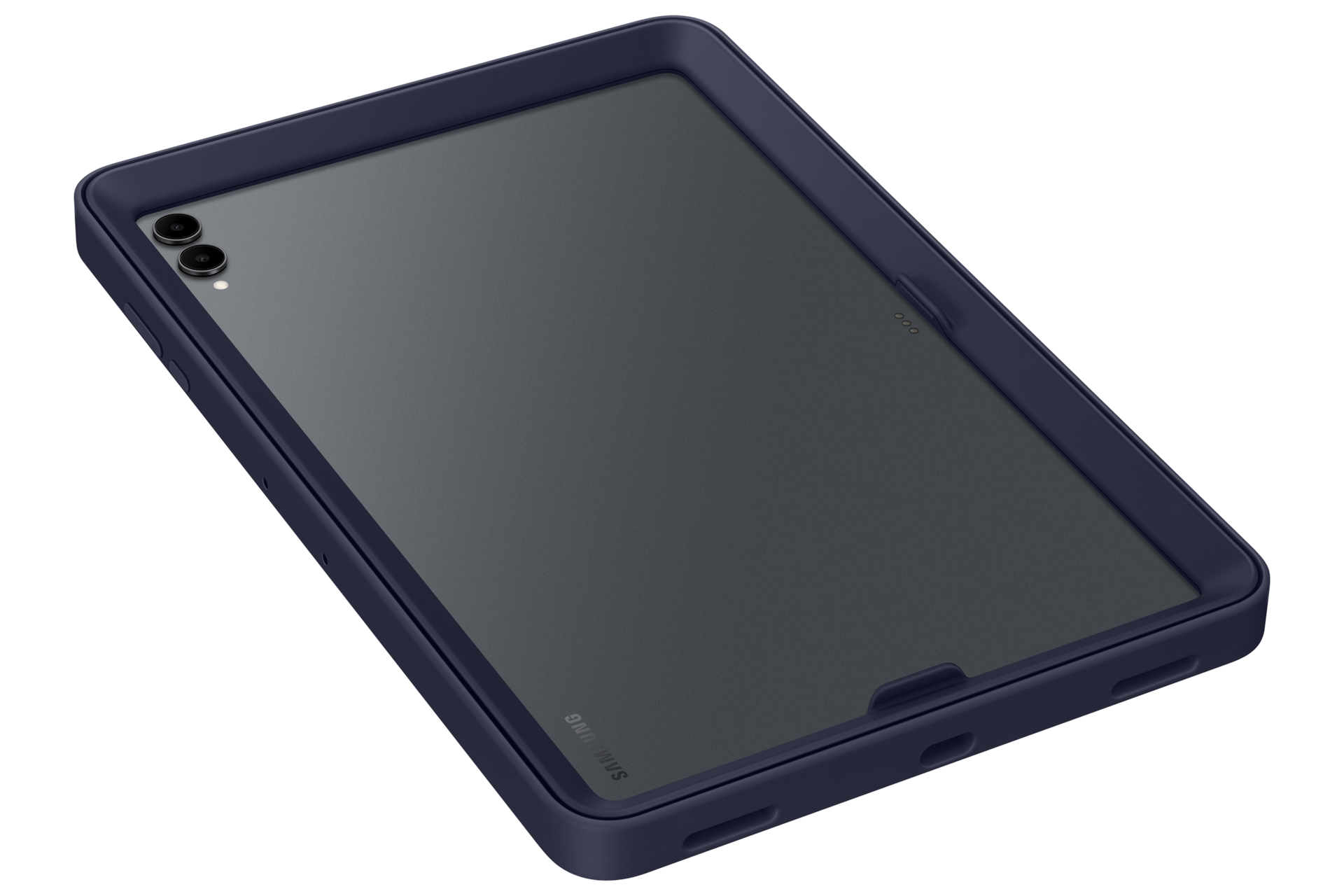 Ciemnoniebieski tablet w etui, skierowany w górę i w prawo.