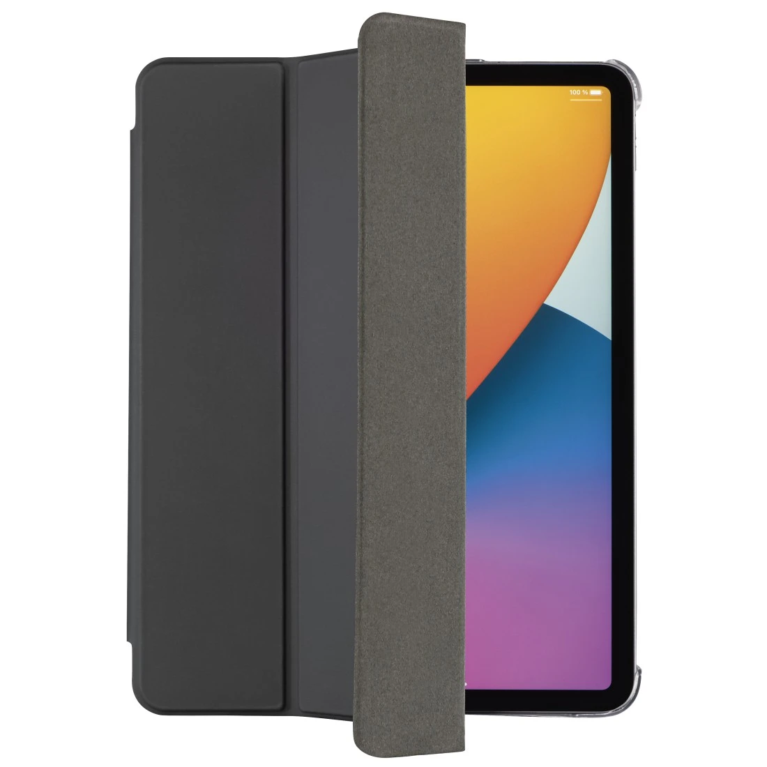 Ciemny stojak na tablet z częściowo otwartą klapką, pokazujący tablet z kolorowym tłem.