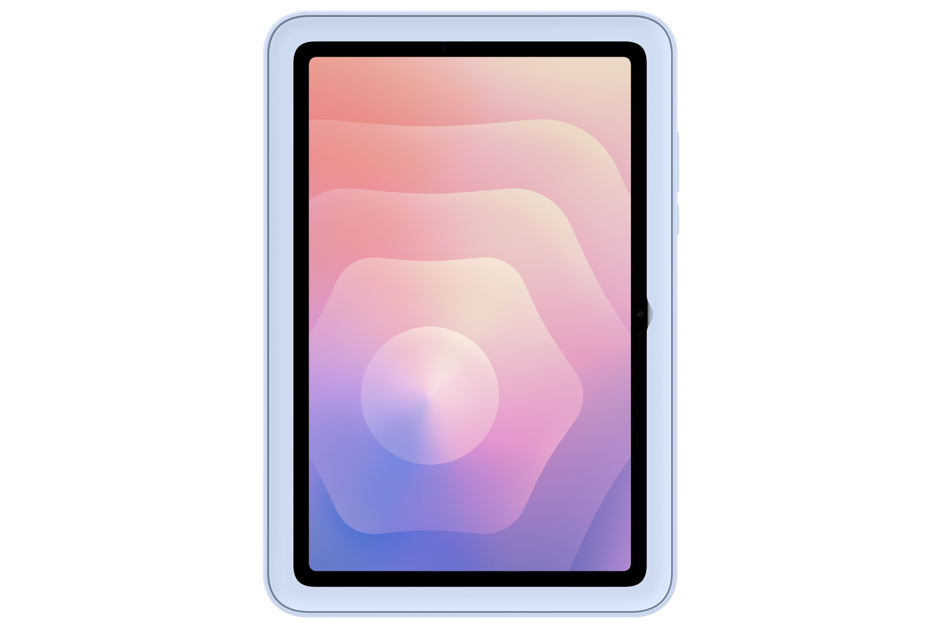 Jasnoniebieski tablet z abstrakcyjnym, gradientowym tłem na ekranie.