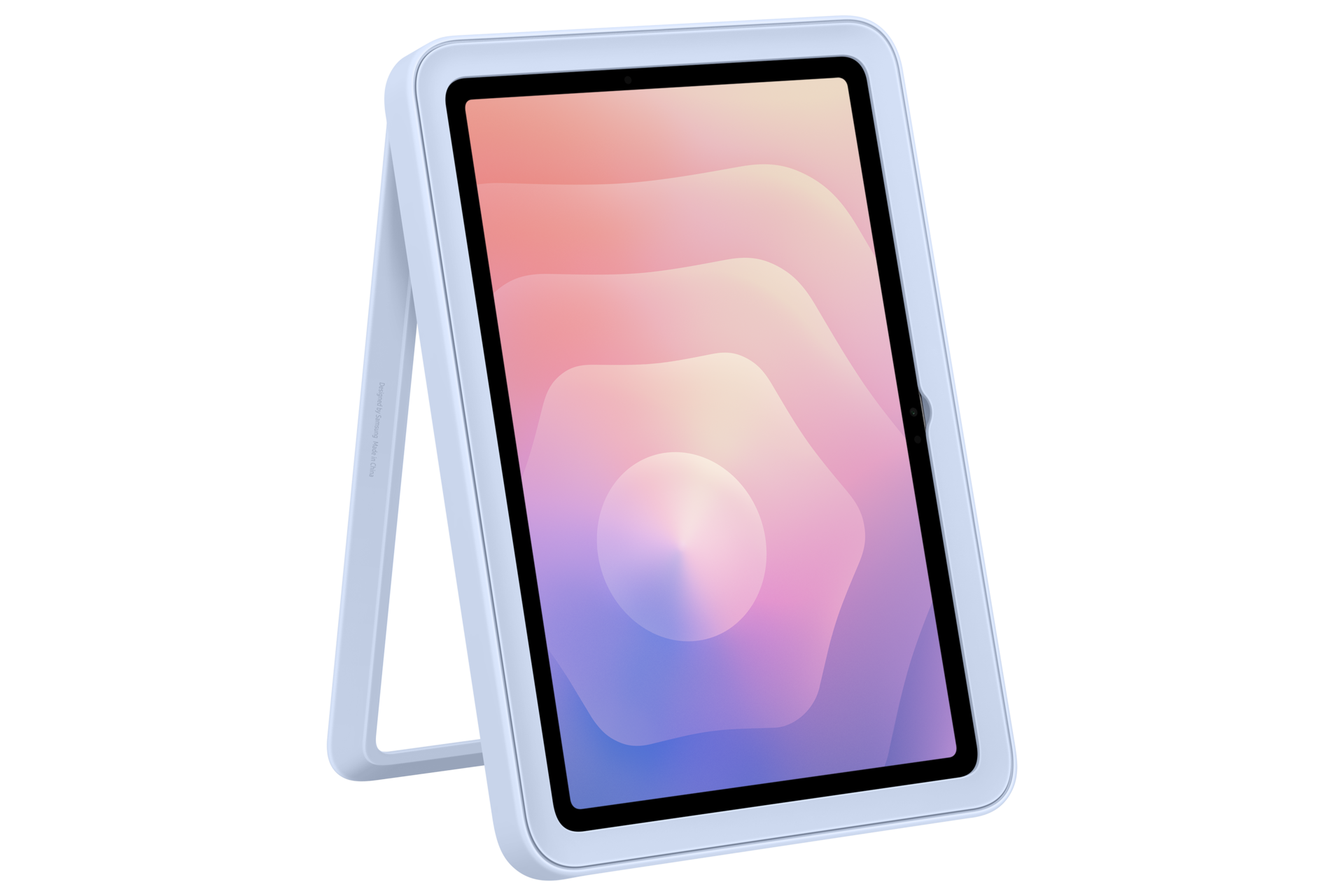 Jasnoniebieski tablet z kolorowym tłem stoi na stojaku.