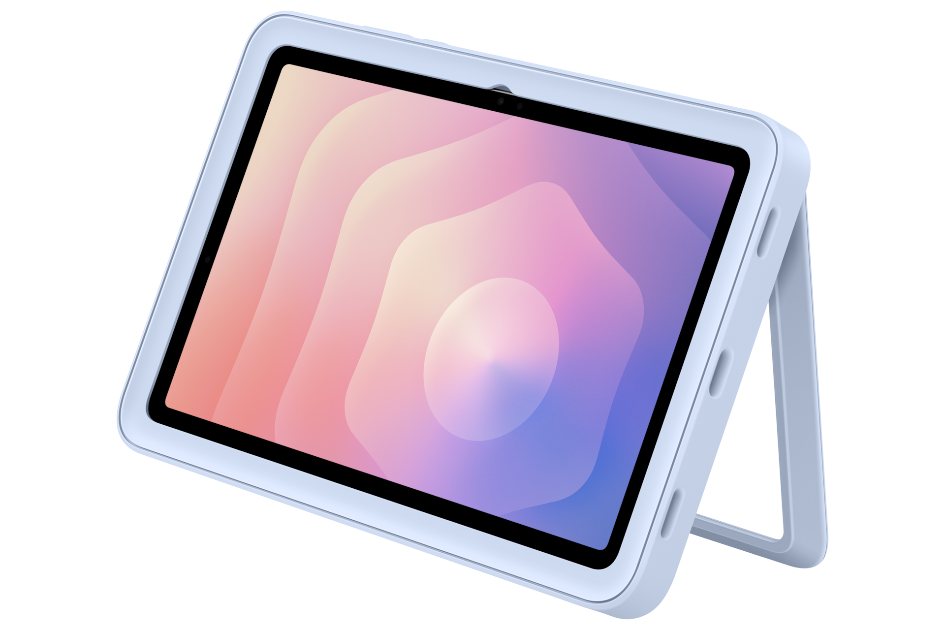 Jasnoniebieski tablet z kolorowym abstrakcyjnym tłem, postawiony na stojaku.