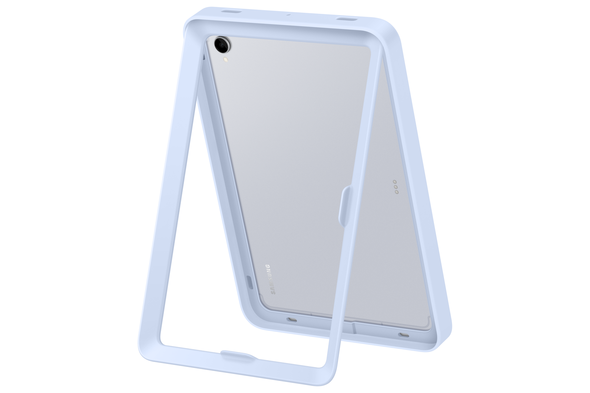 Jasnoniebieskie etui na tablet z przezroczystym tyłem.