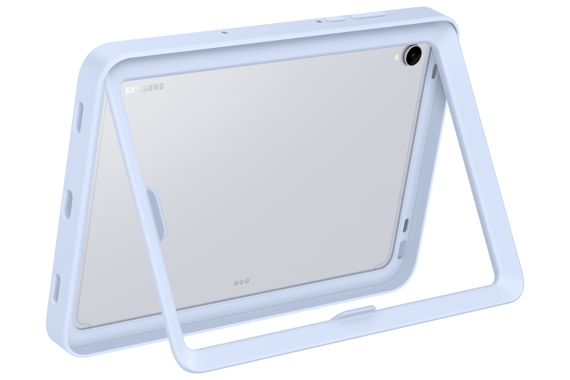 Jasnoniebieski tablet w etui z podstawką, leżący na plecach.