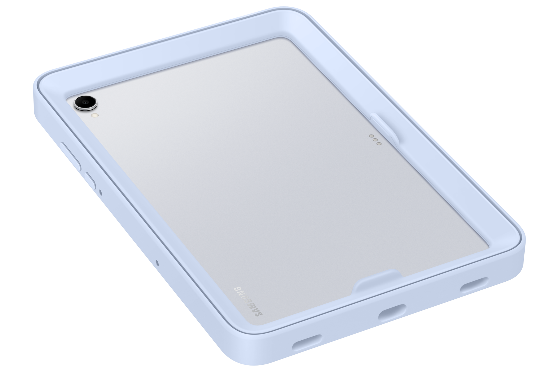 Jasnoniebieski tablet w etui ochronnym, z aparatem i portami ładowania.