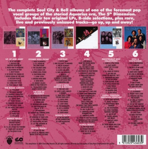 Albumcover mit Titellisten von The 5th Dimension, 6 Alben in Rosa.