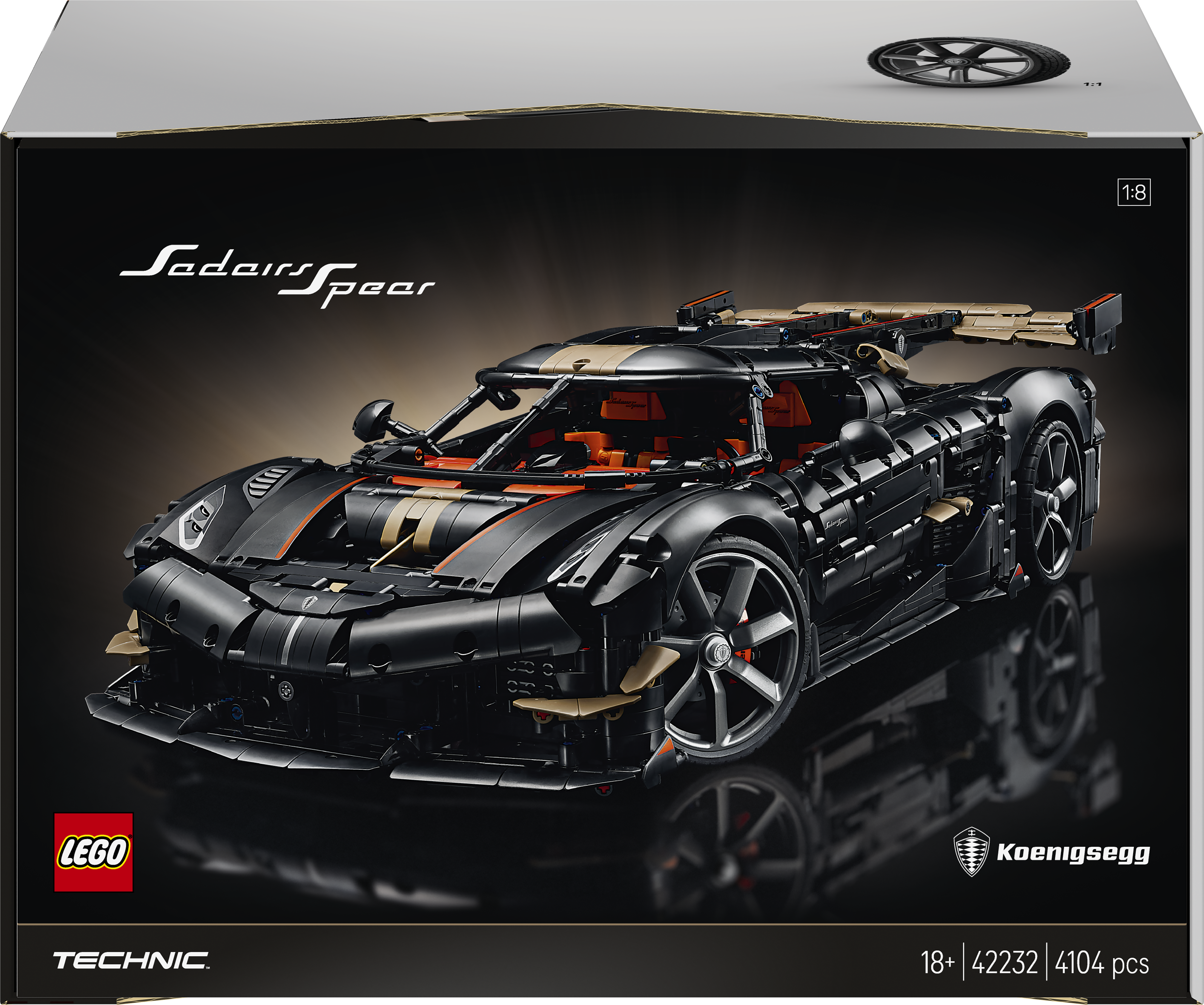 Schwarzes Lego Technic Koenigsegg Automodell mit orangen Akzenten auf dunkler spiegelnder Fläche.