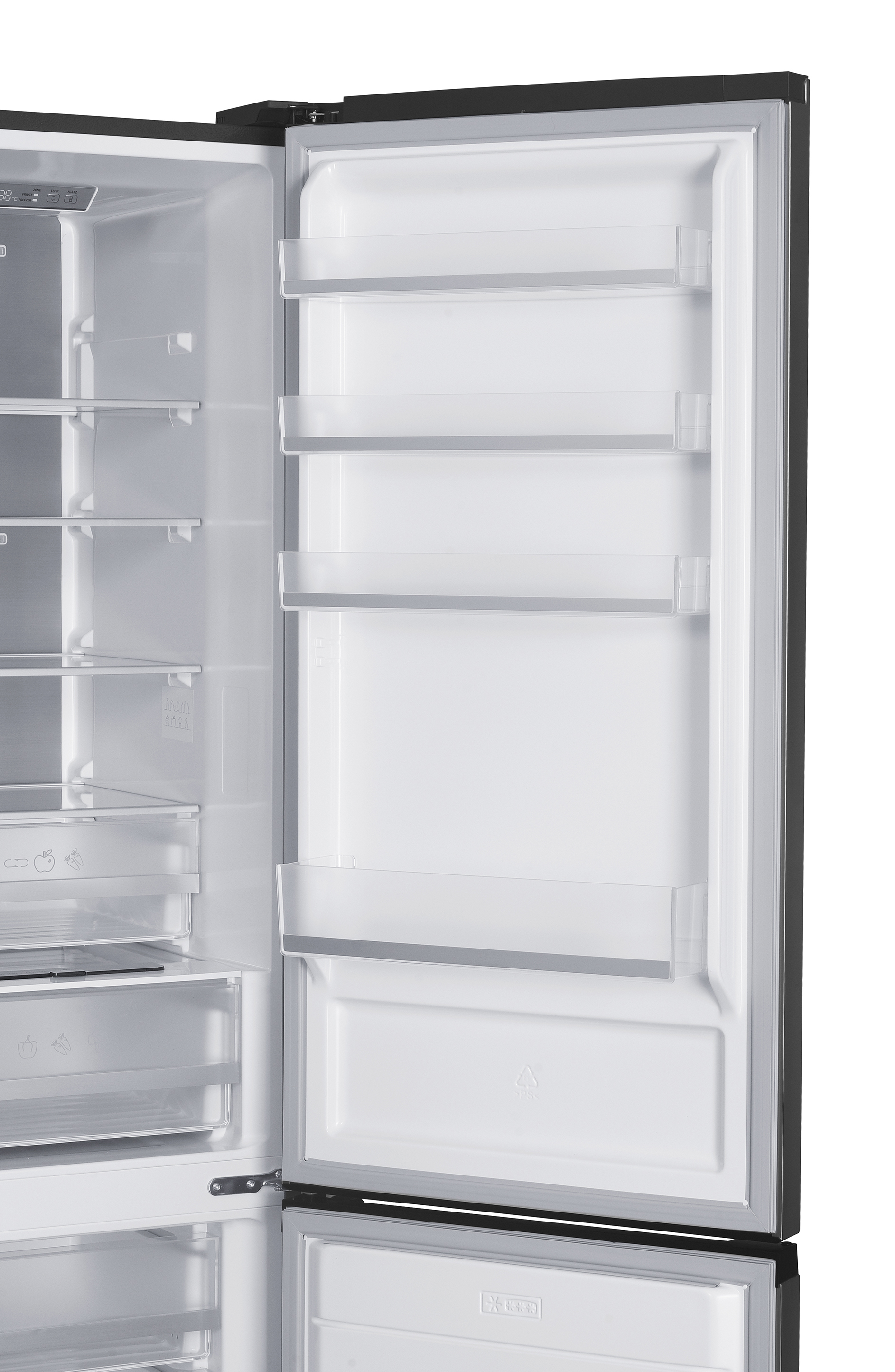 Ein leerer Kühlschrank mit offenen Türen, Regalen und Schubladen.