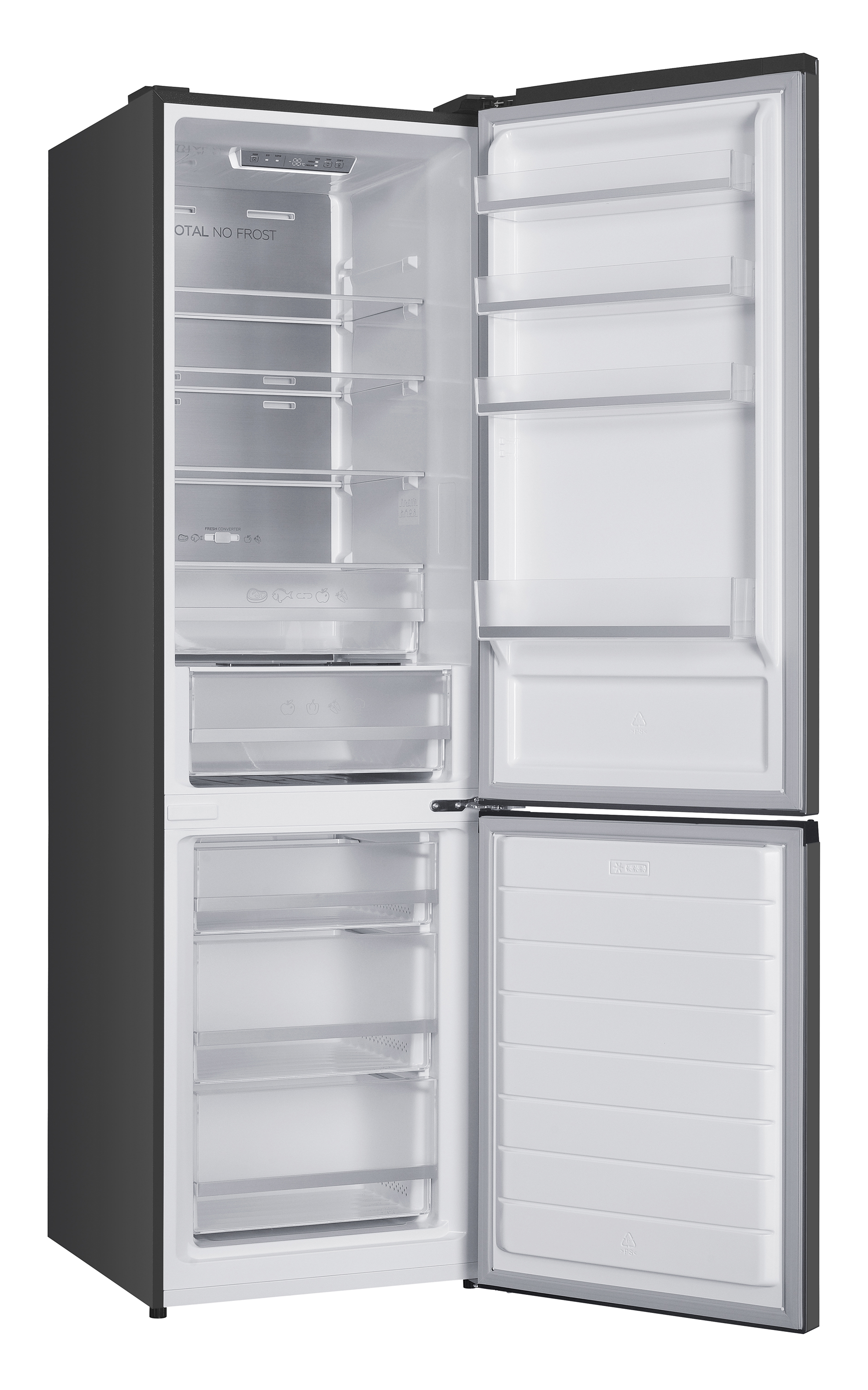 Ein offener schwarzer Kühlschrank mit mehreren Fächern und Schubladen.