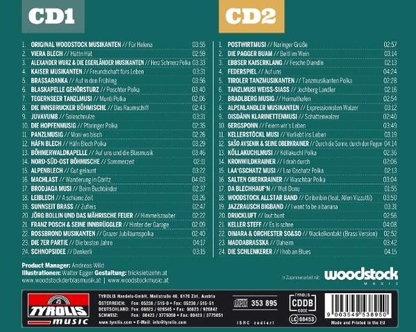 Cover einer Musik-CD mit Titellisten für CD1 und CD2, unten mit Logos und Adressdaten.