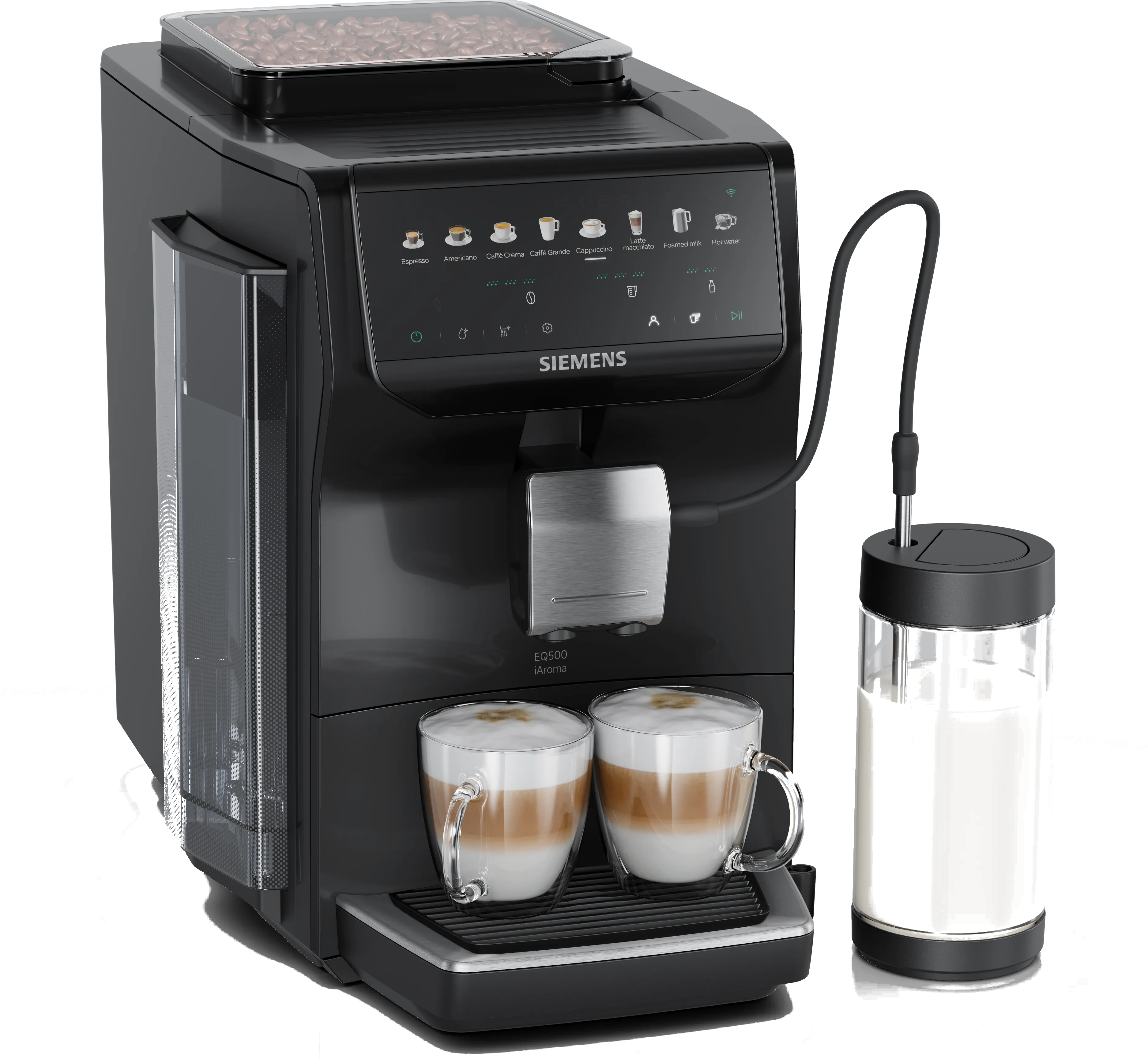 Czarny ekspres do kawy Siemens z dwoma kubkami latte macchiato i pojemnikiem na mleko.