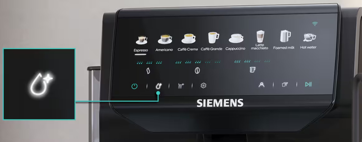 Ekspres do kawy Siemens z menu dotykowym do espresso, latte i innych.