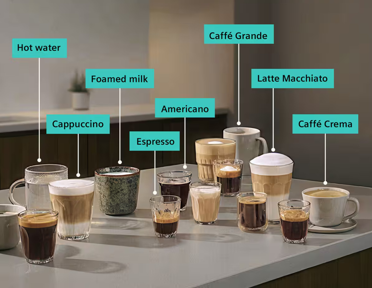 Różne kawy: gorąca woda, spienione mleko, cappuccino, espresso, americano.
