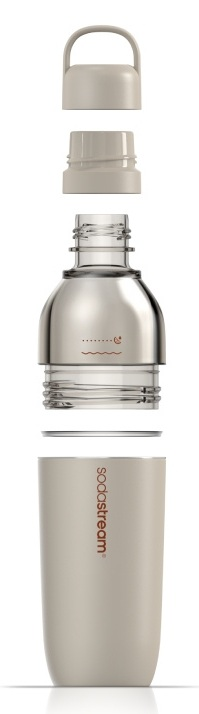 Widok rozstrzelony butelki SodaStream z oddzielnie wyeksponowanymi częściami w kolorze beżowo-brązowym.