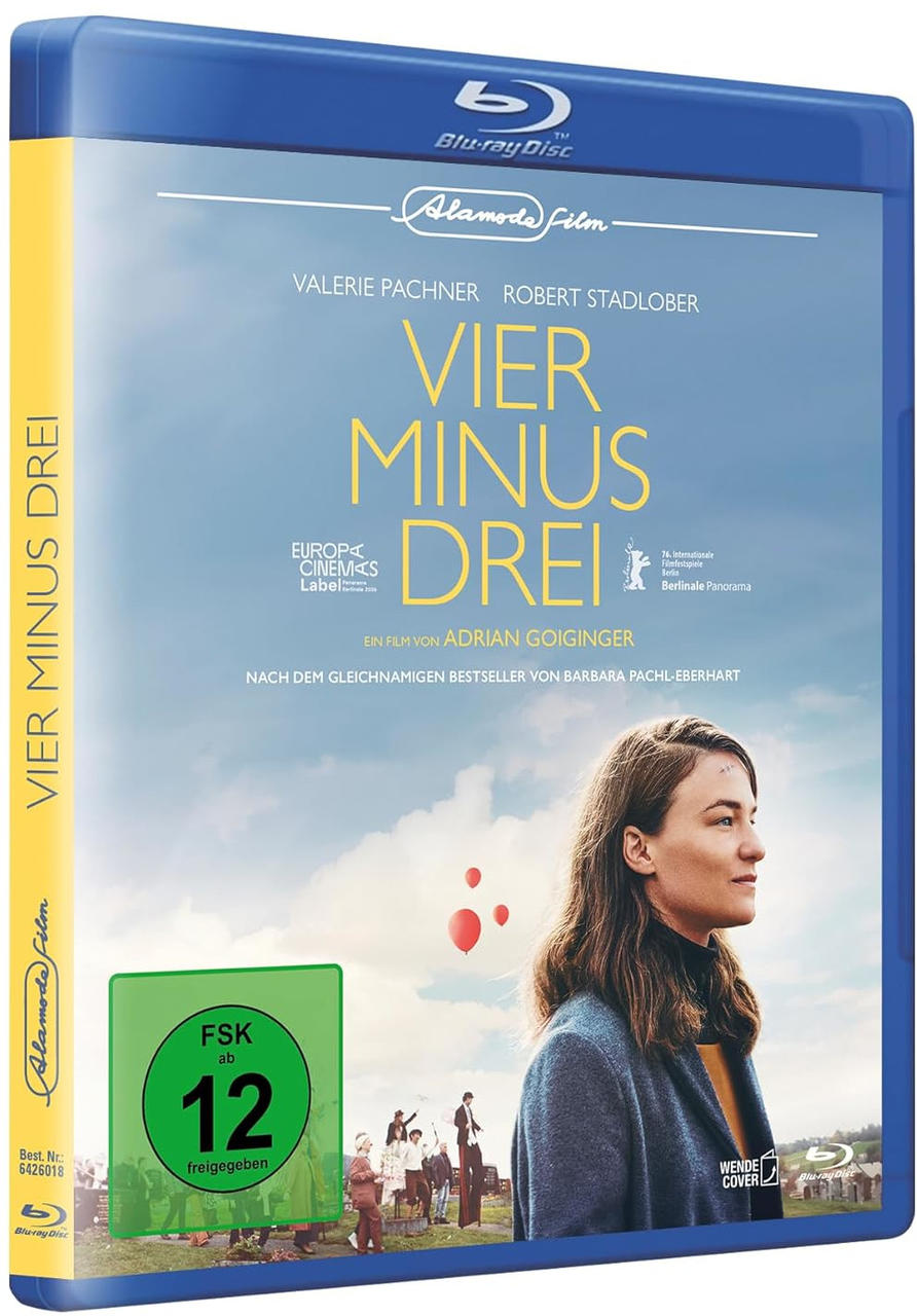 Blu-ray-Hülle für Vier Minus Drei mit Frau im Vordergrund, roten Ballons und FSK 12 Siegel.